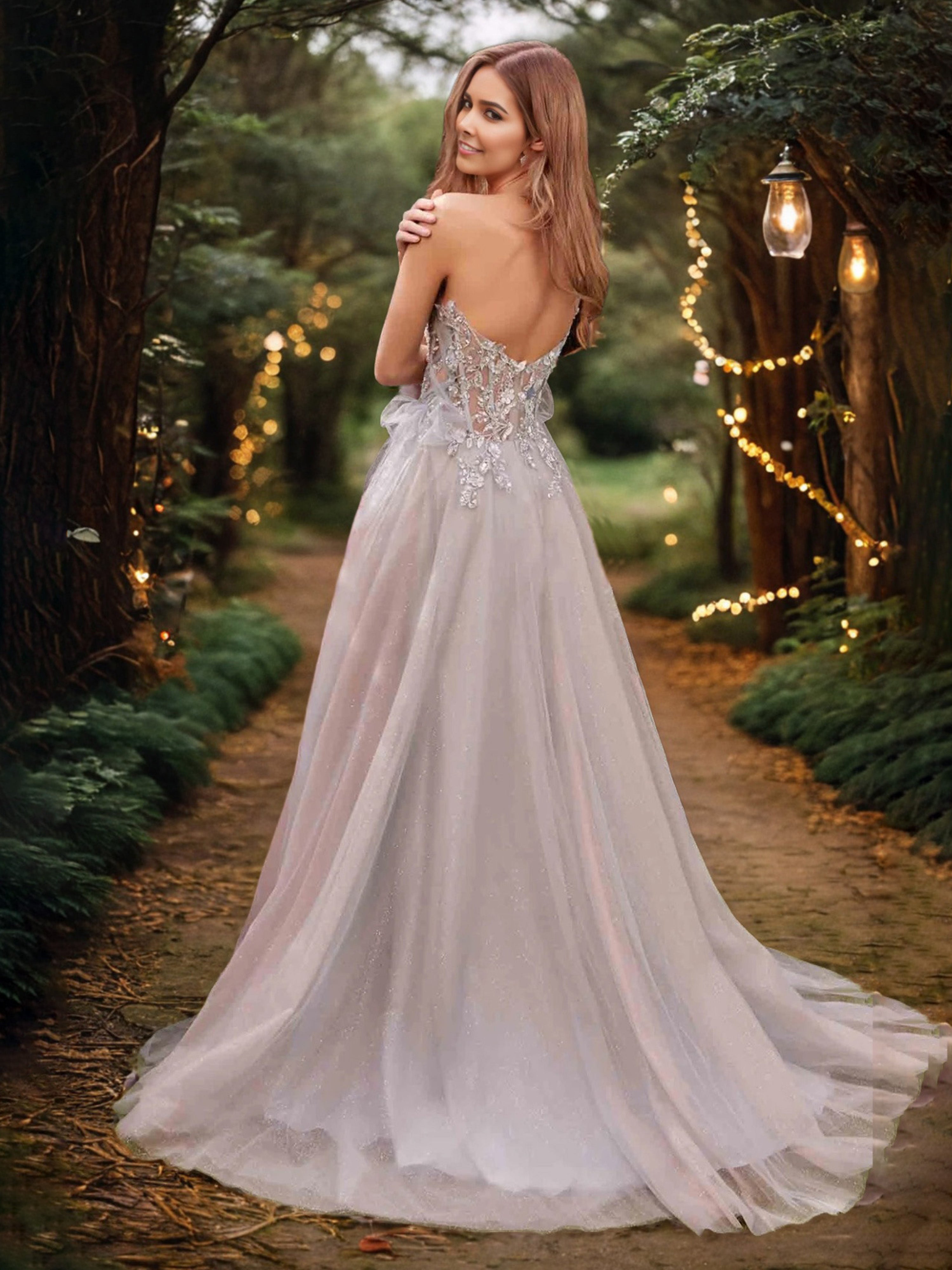 Silver Prom Dresses A Line Lace Appliques Shiny Tulle Prom Dress With Detachable Sleeves