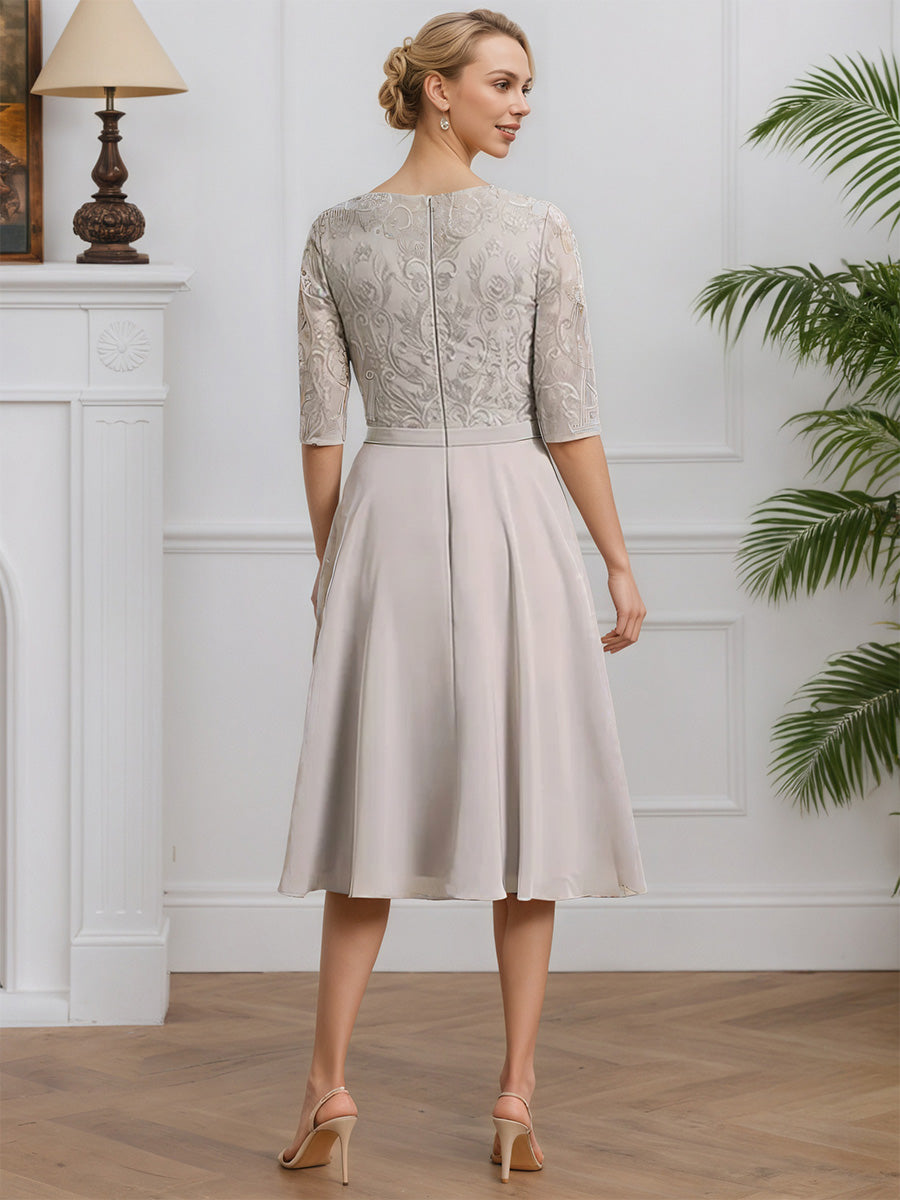 Cicinia Taupe Mother Of The Bride Dresses Lace Chiffon A-Line Half Sleeves Round Neck Knee Length