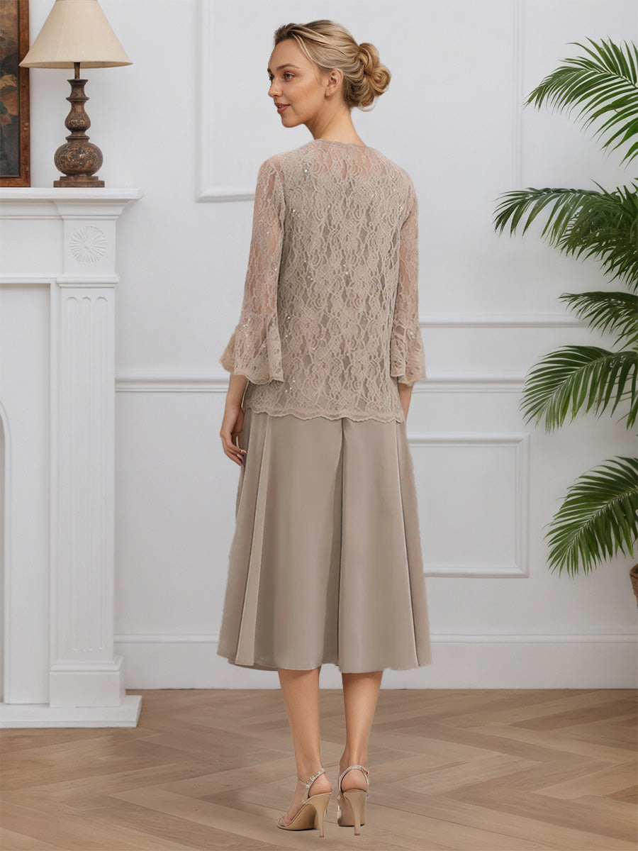 Cicinia Taupe 3 Piece Mother Of The Bride Dresses with Jacket Lace Chiffon A-Line Tea Length