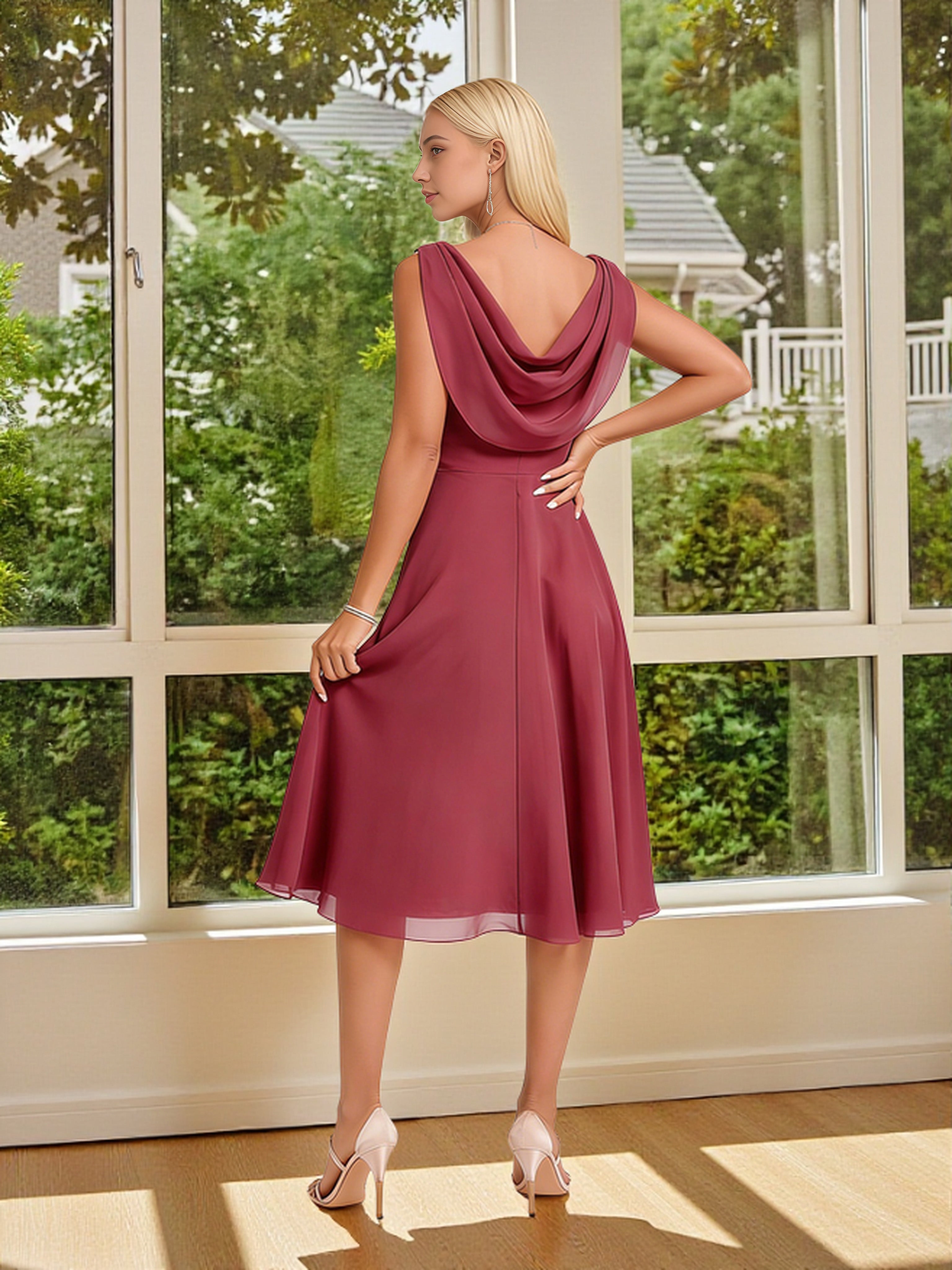 Cicinia Cinnamon Rose Bridesmaid Dresses Chiffon Halter Sleeveless Knee Length A-Line