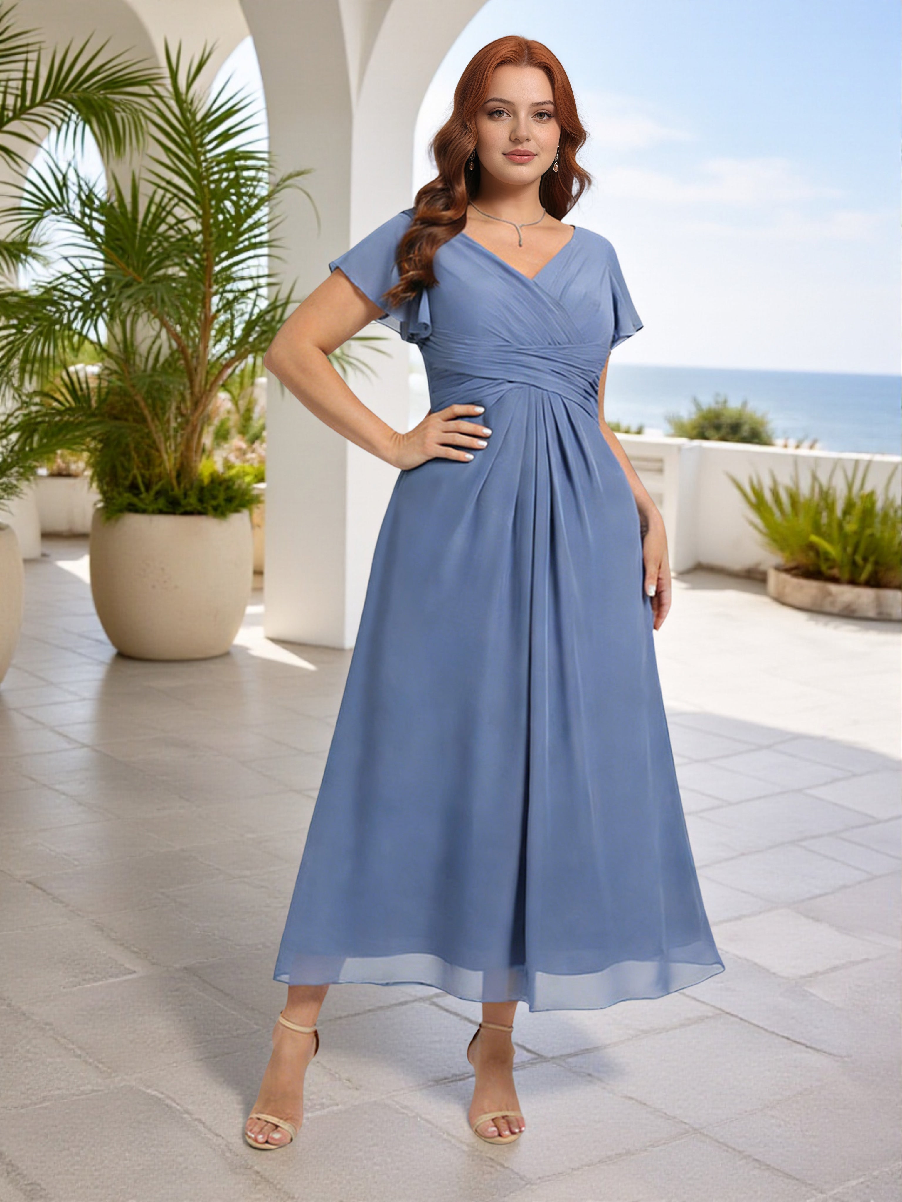 Cicinia Slate Blue Bridesmaid Dresses Chiffon V-Neck Ankle Length Plea