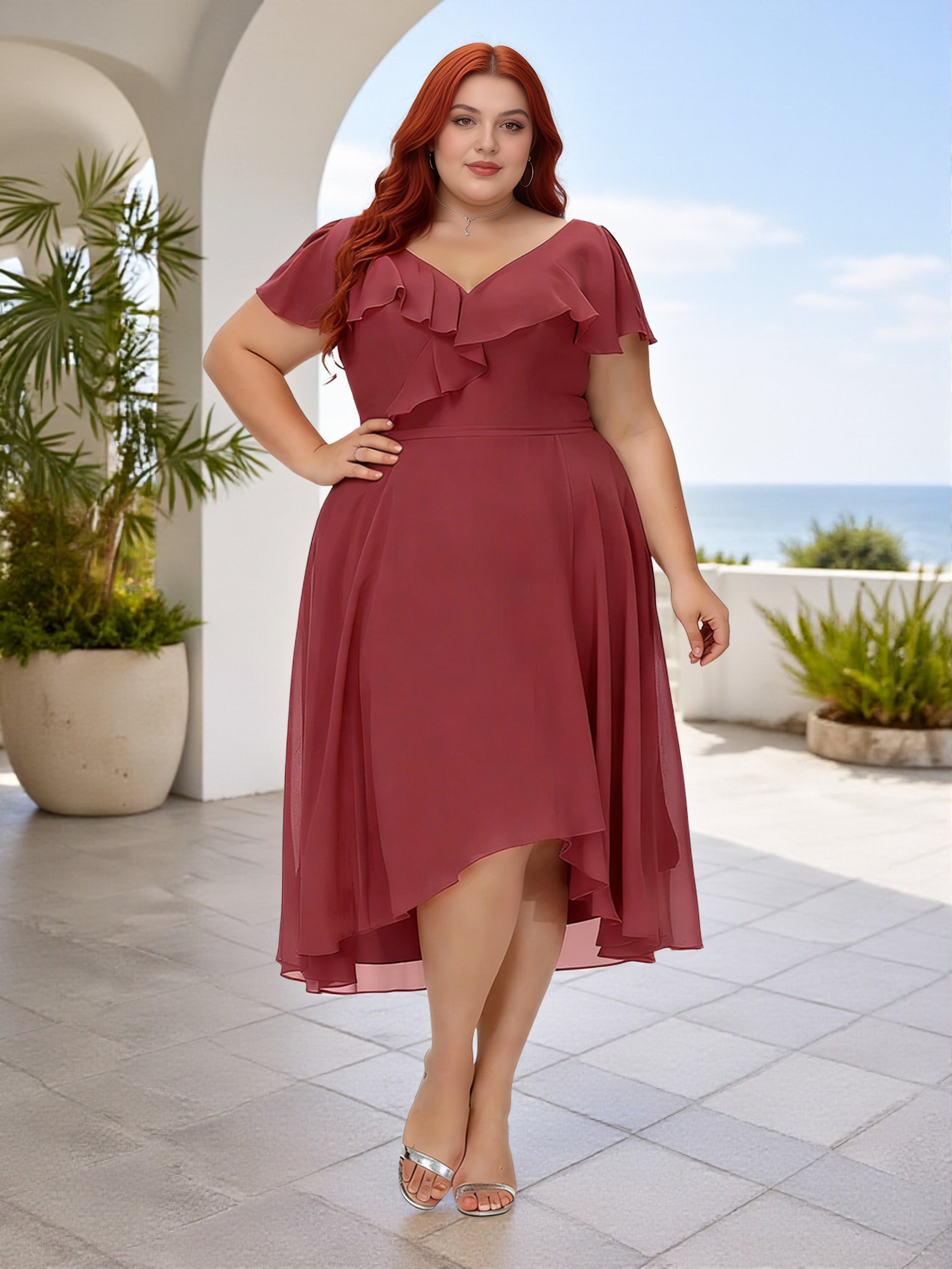 cinnamon rose bridesmaid dresses uk Cicinia Cinnamon Rose Bridesmaid Dresses Chiffon Ruffle Neck Tea Lengt
