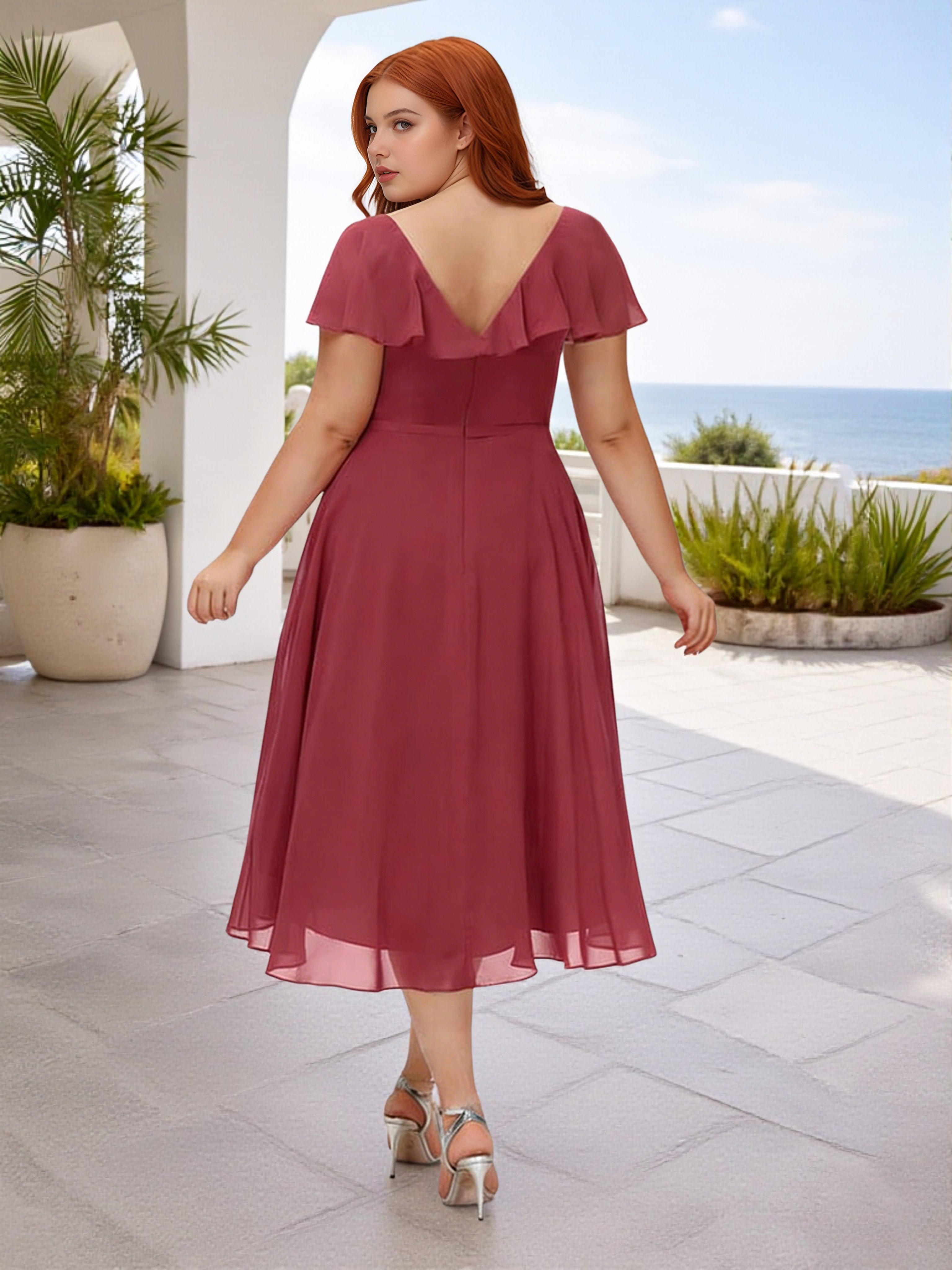 Cicinia Cinnamon Rose Bridesmaid Dresses Chiffon Ruffle Neck Tea Length Sleeves A-Line Plus Size