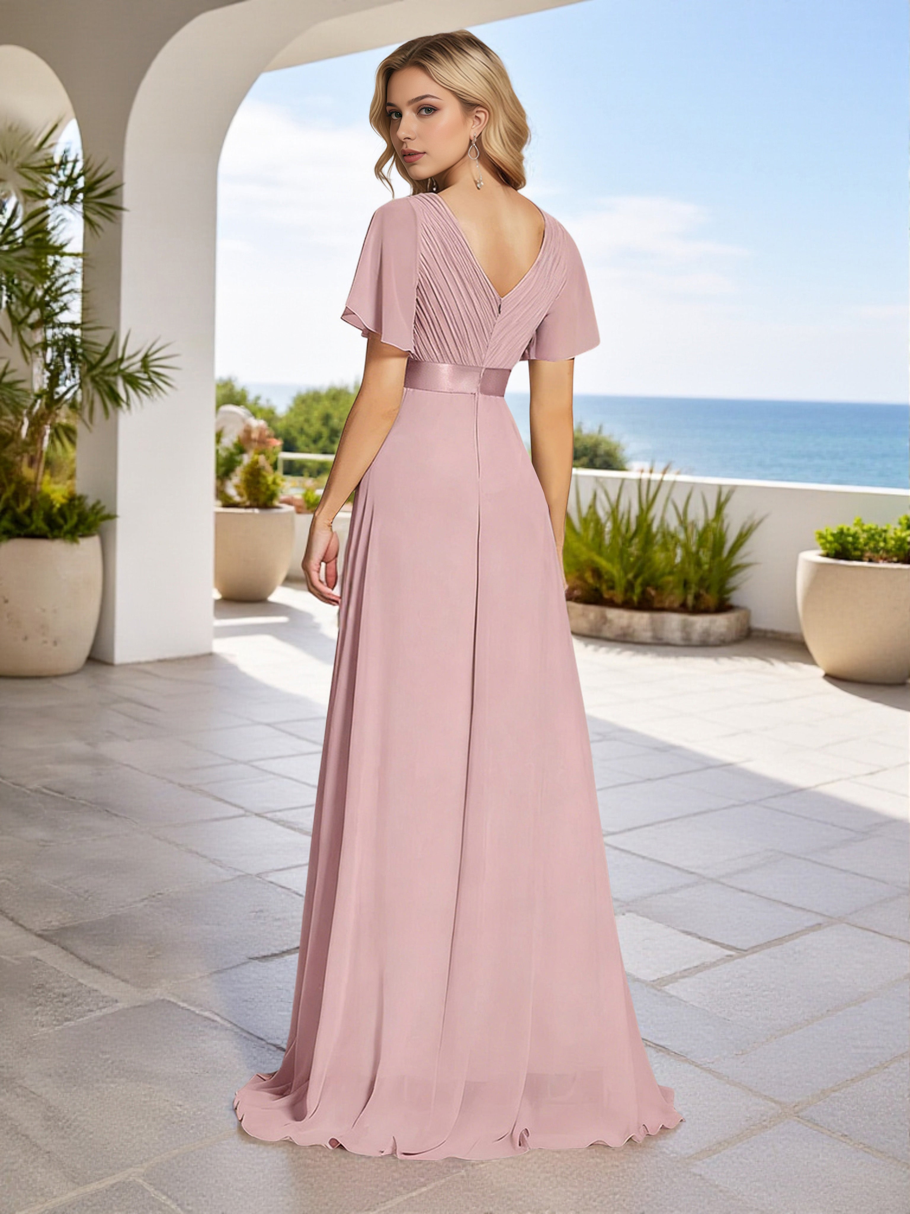 Cicinia Dusty Rose Bridesmaid Dresses Chiffon V Neck Floor Length Pleats A-Line