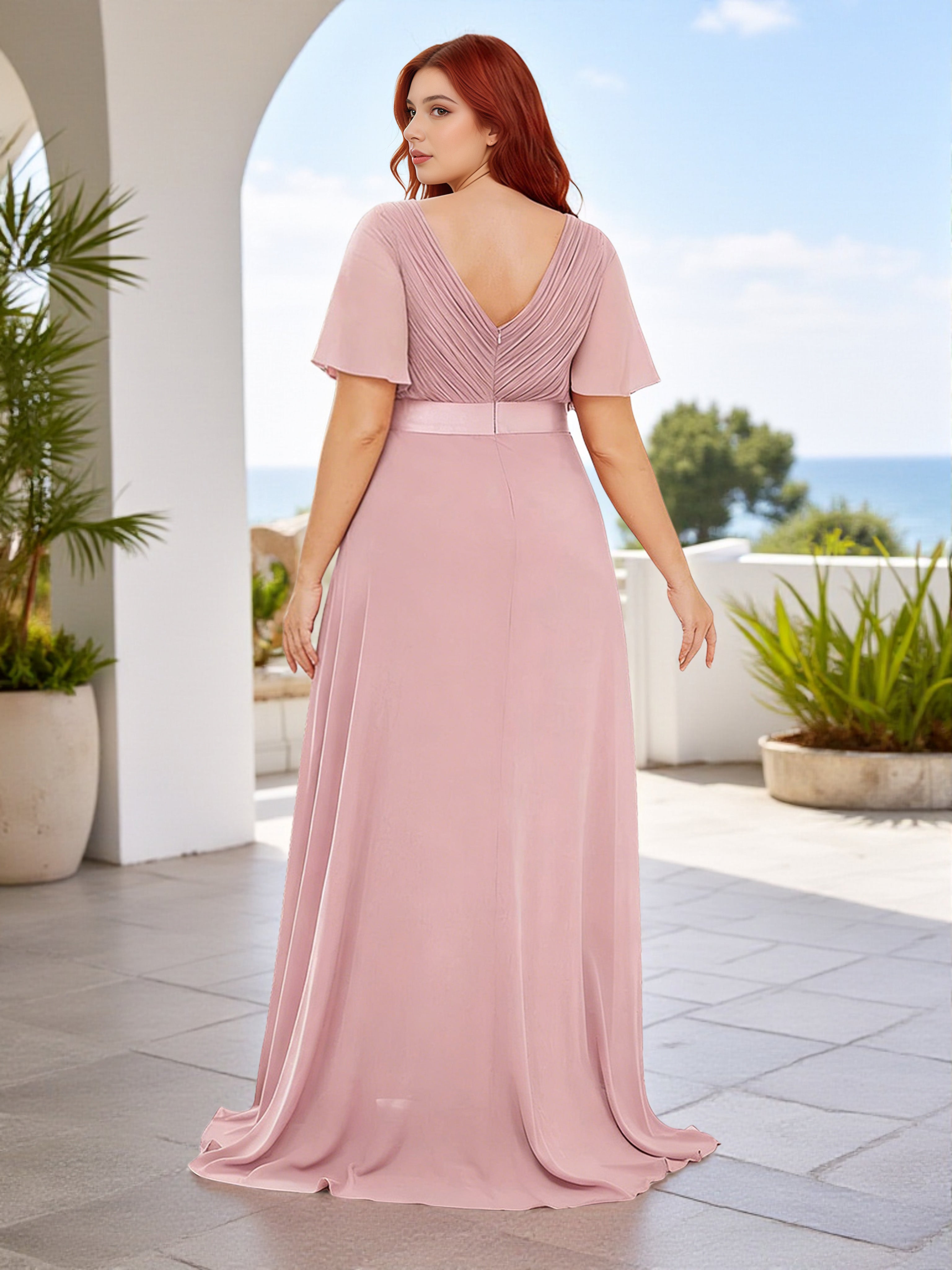 Cicinia Dusty Rose Bridesmaid Dresses Chiffon V Neck Floor Length Pleats A-Line Plus Size