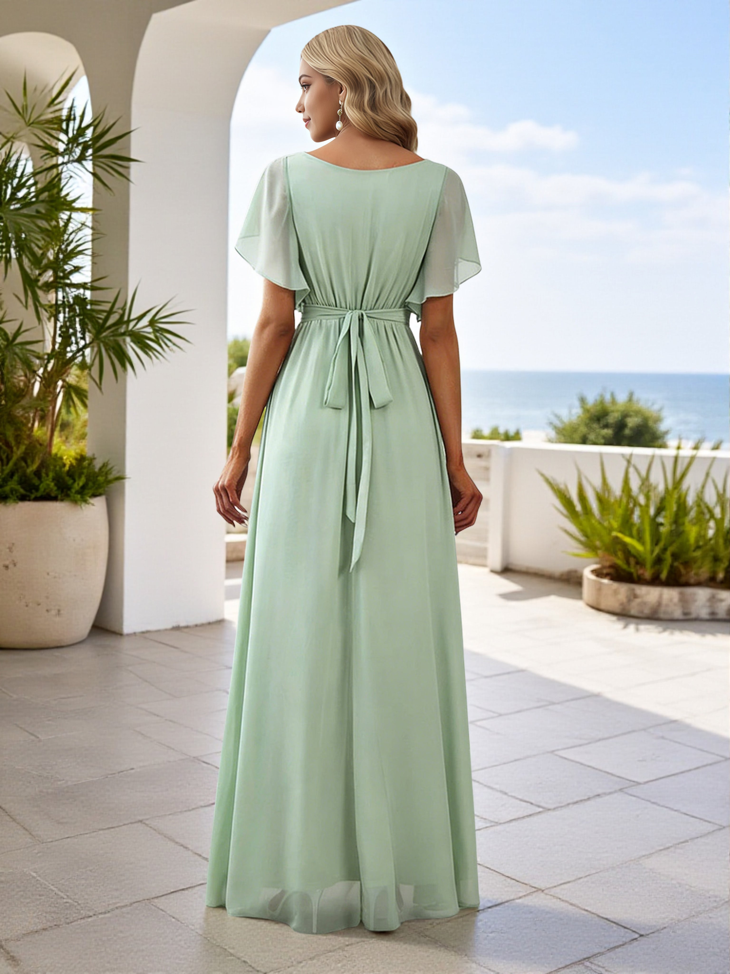 Cicinia Dusty Sage Bridesmaid Dresses Chiffon V Neck Short Sleeves Pleats A-Line Long