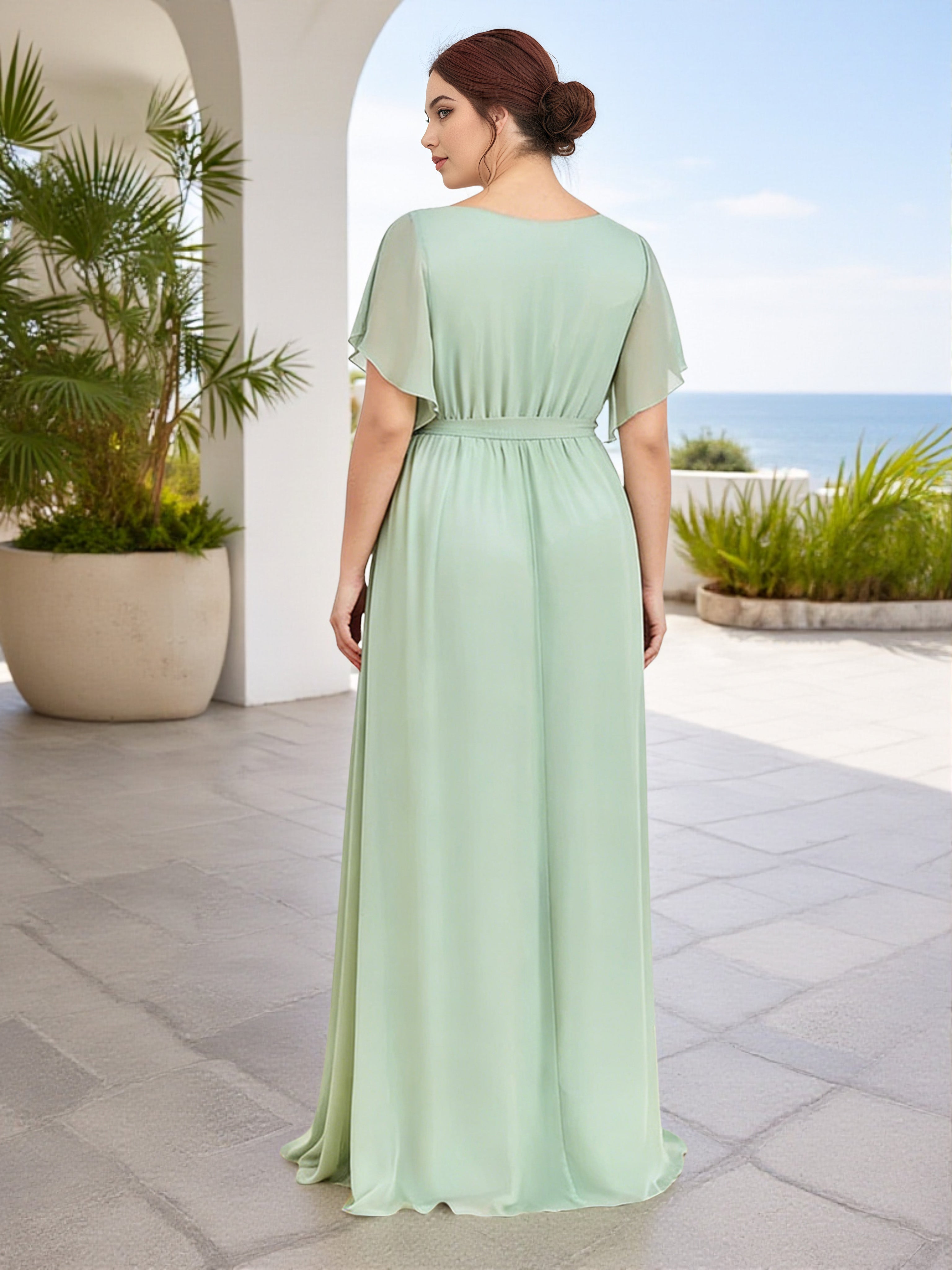 Cicinia Dusty Sage Bridesmaid Dresses Chiffon V Neck Short Sleeves Pleats A-Line Long Plus Size
