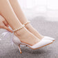 Pointed Toe Satin Pearl Ribbon Ankle Strap High Heels