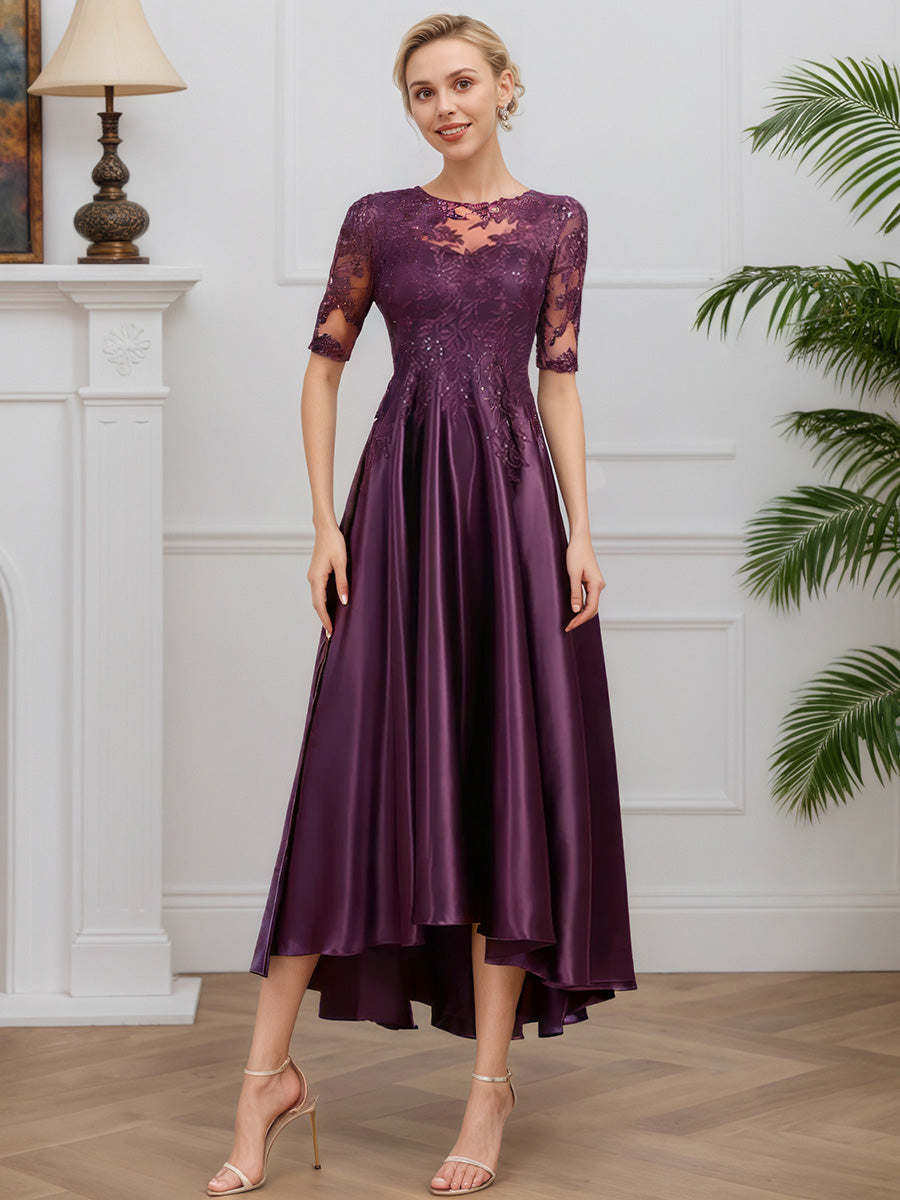 Cicinia Grape Mother Of The Bride Dresses Soft Satin Lace A-Line Tea Length