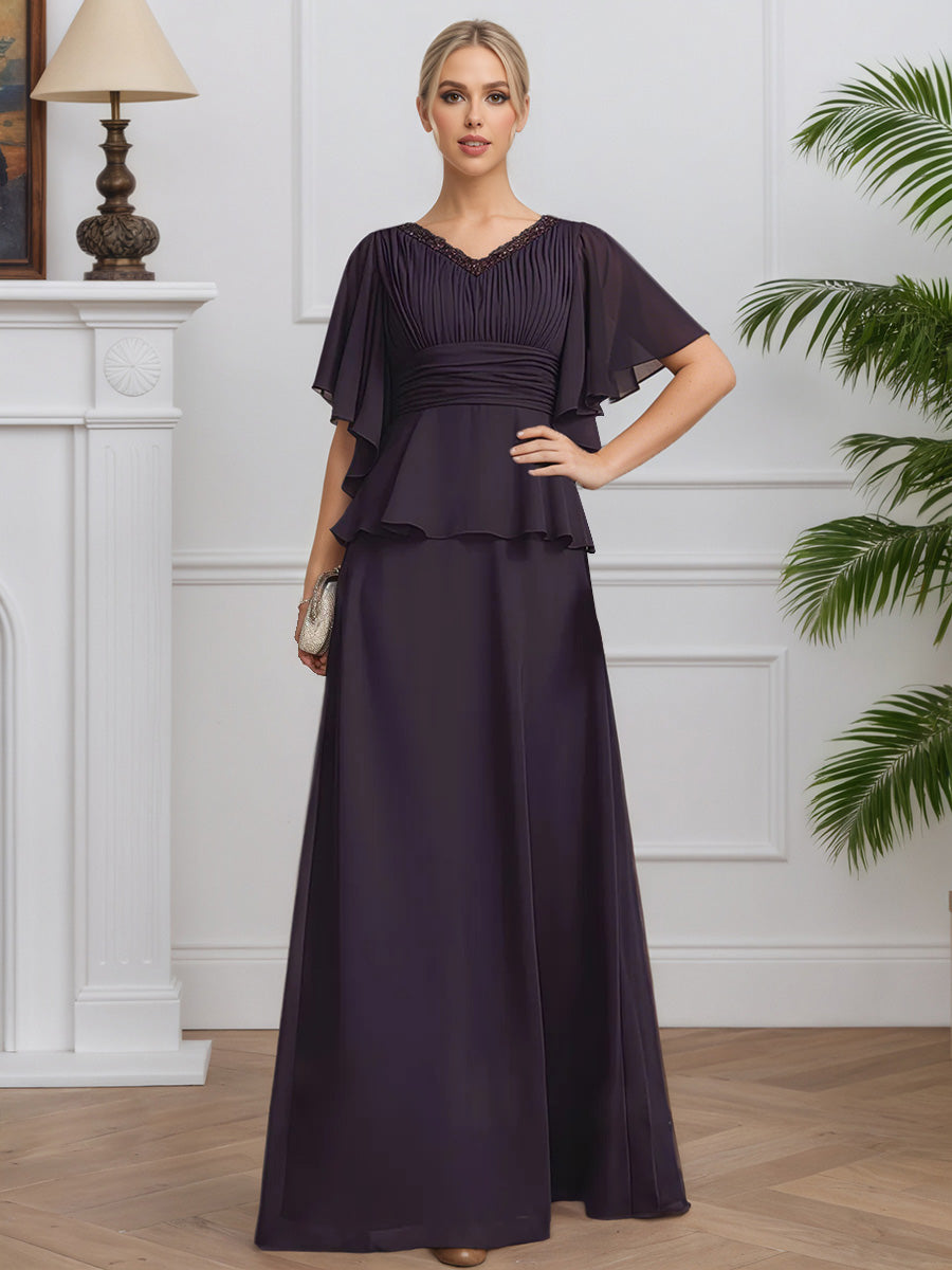 Cicinia Plum Mother Of The Bride Dresses Chiffon A-Line Beading V-Neck Short Sleeves