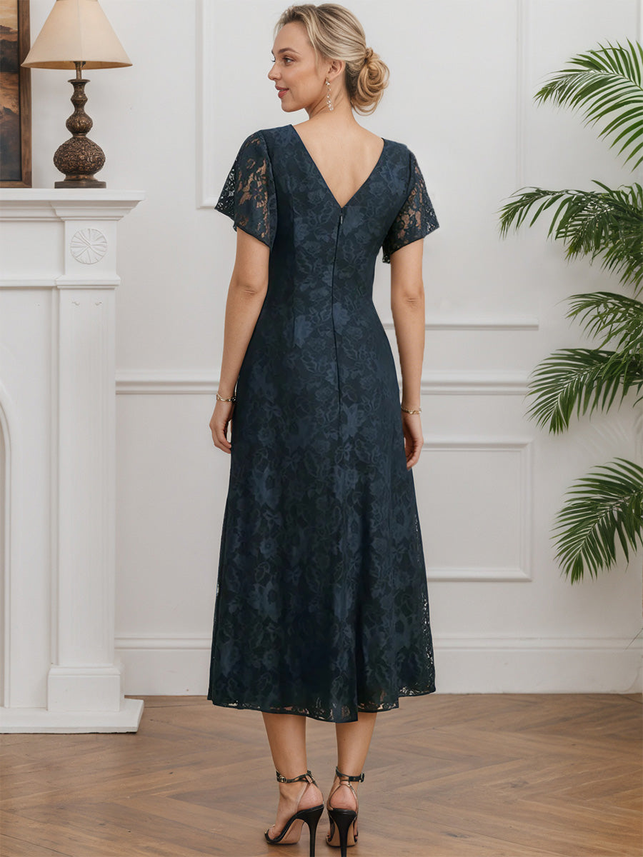 Cicinia Dark Navy Mother Of The Bride Dresses Chiffon Lace A-Line Tea Length