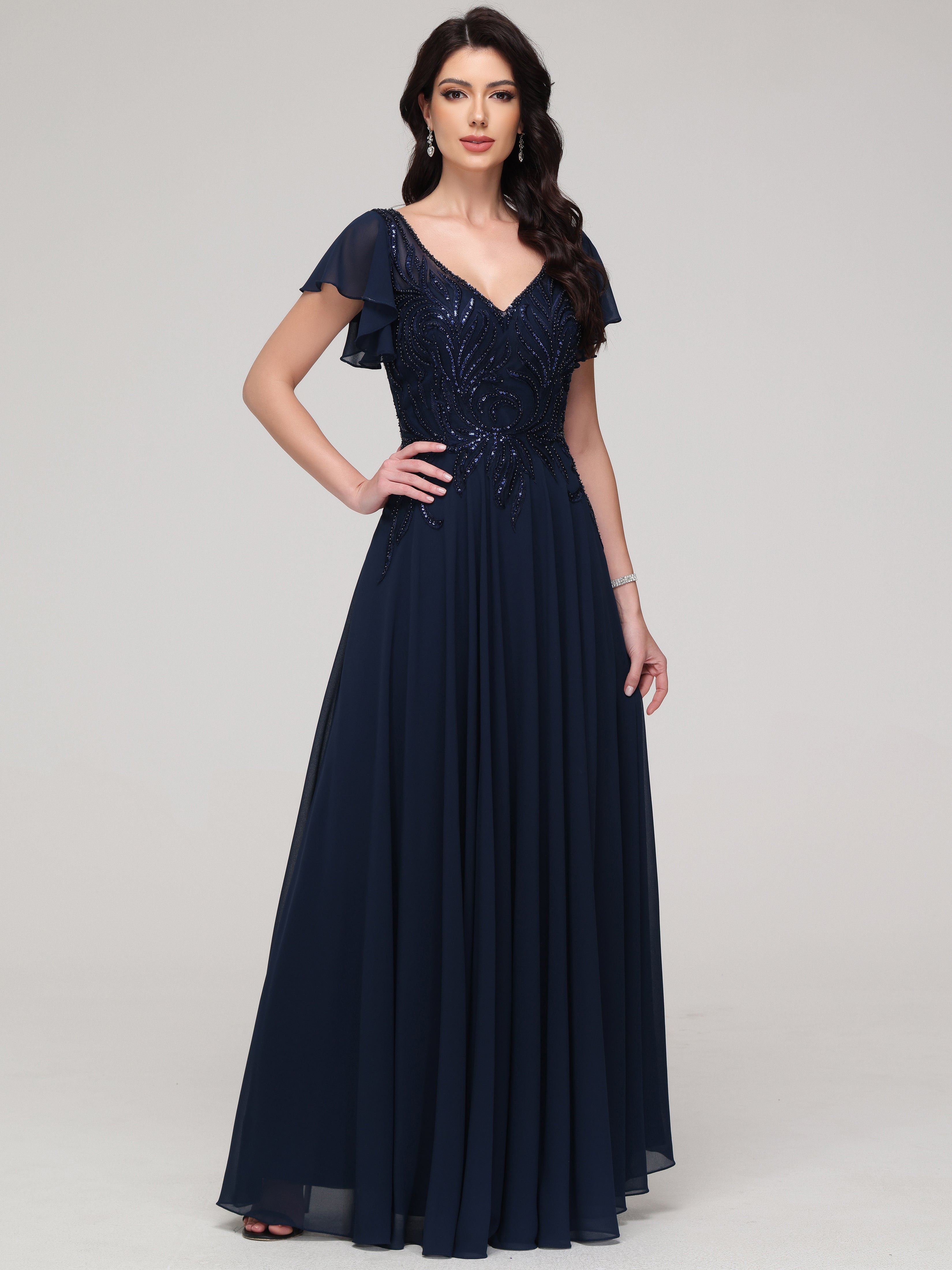 A-Line Short Sleeves V-Neck Floor-Length Chiffon Prom Dress A-Line Short Sleeves V-Neck Floor-Length Chiffon Prom Dress