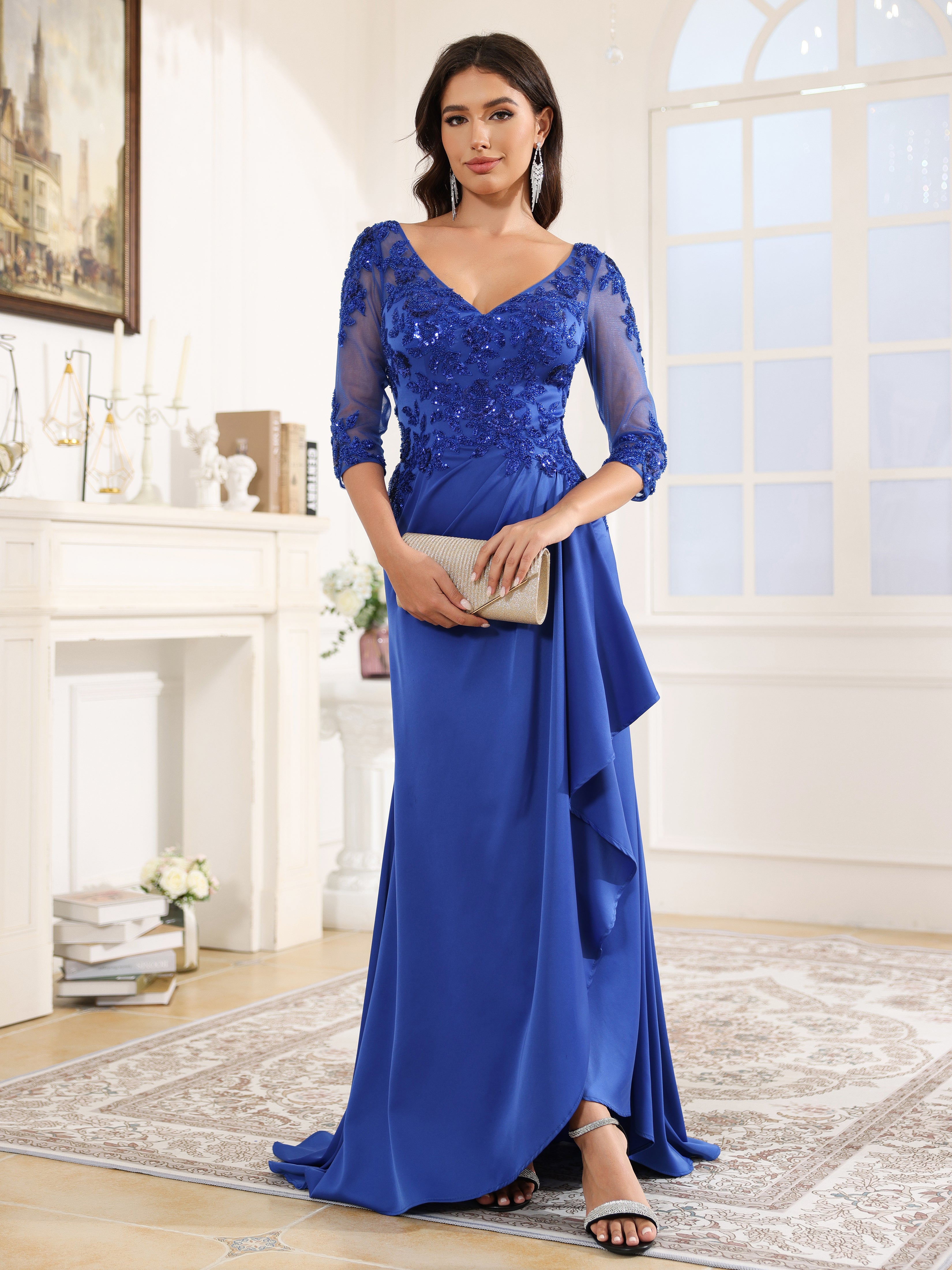 3/4 Length Sleeves Sequins Long Satin Mother Of The Bride Dresses