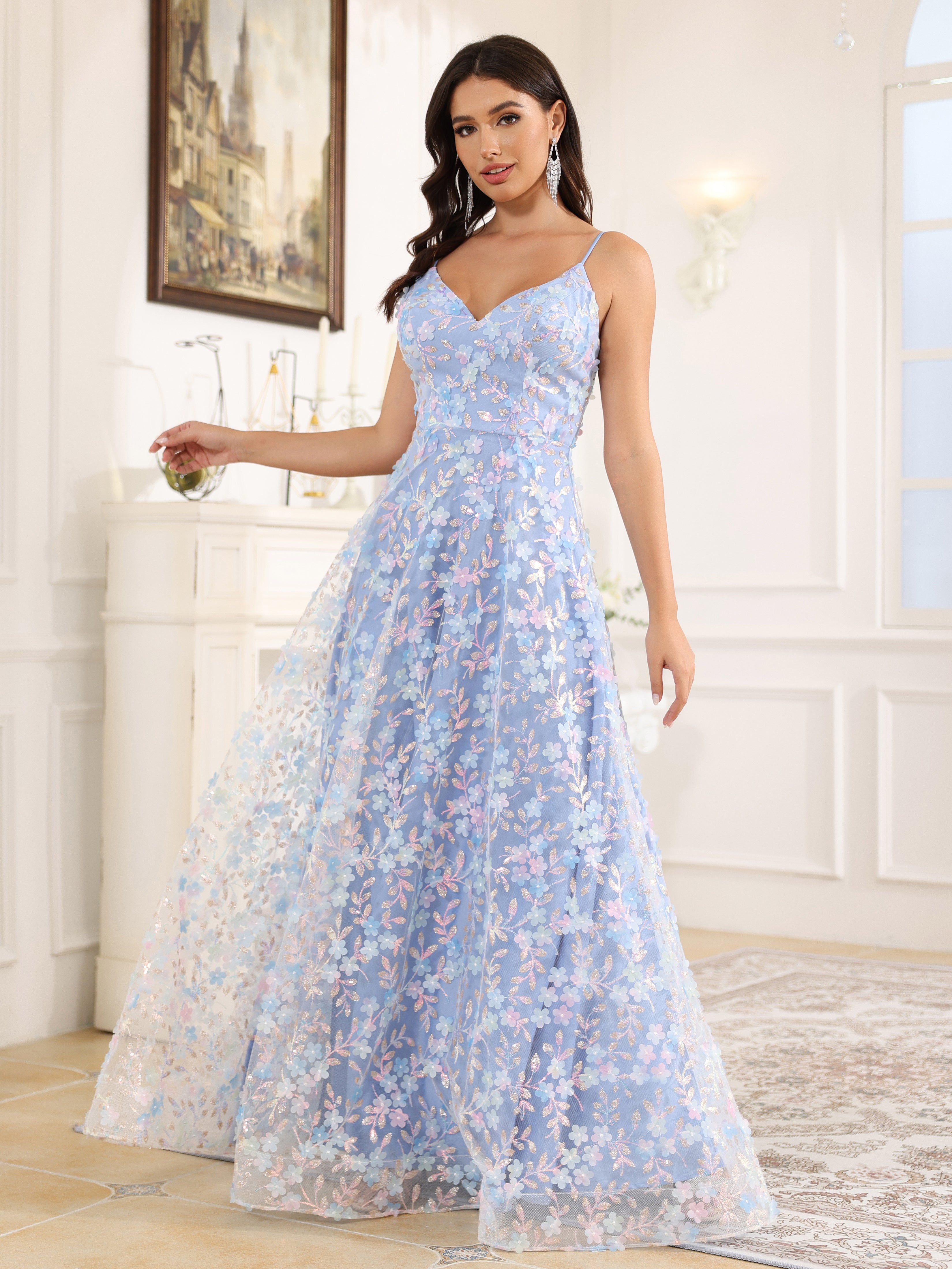 A-Line Spaghetti Straps Backless Floor Length Prom Dress With Split