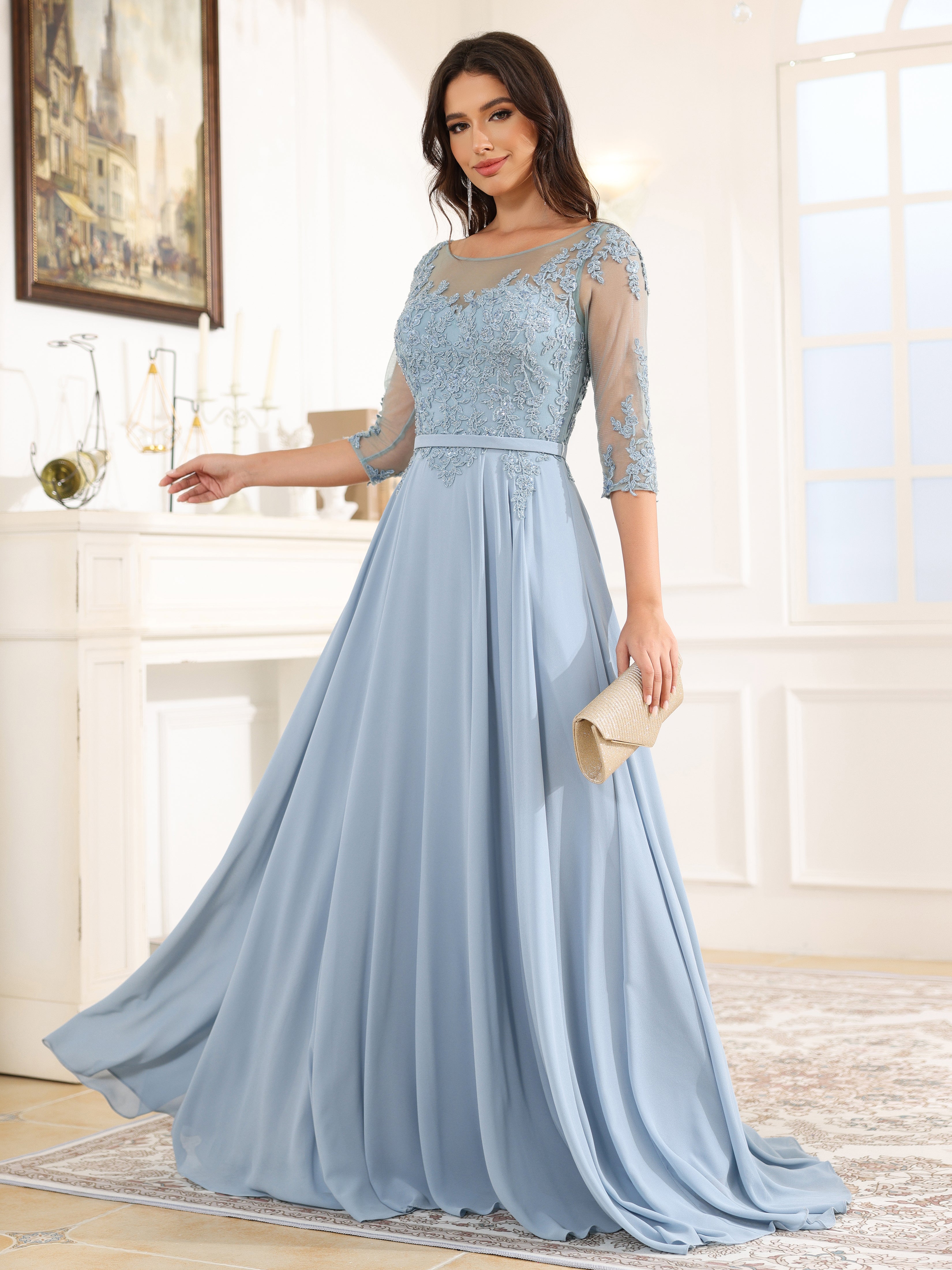 3 4 Length Sleeves A Line Bateau Chiffon Long Prom Dress