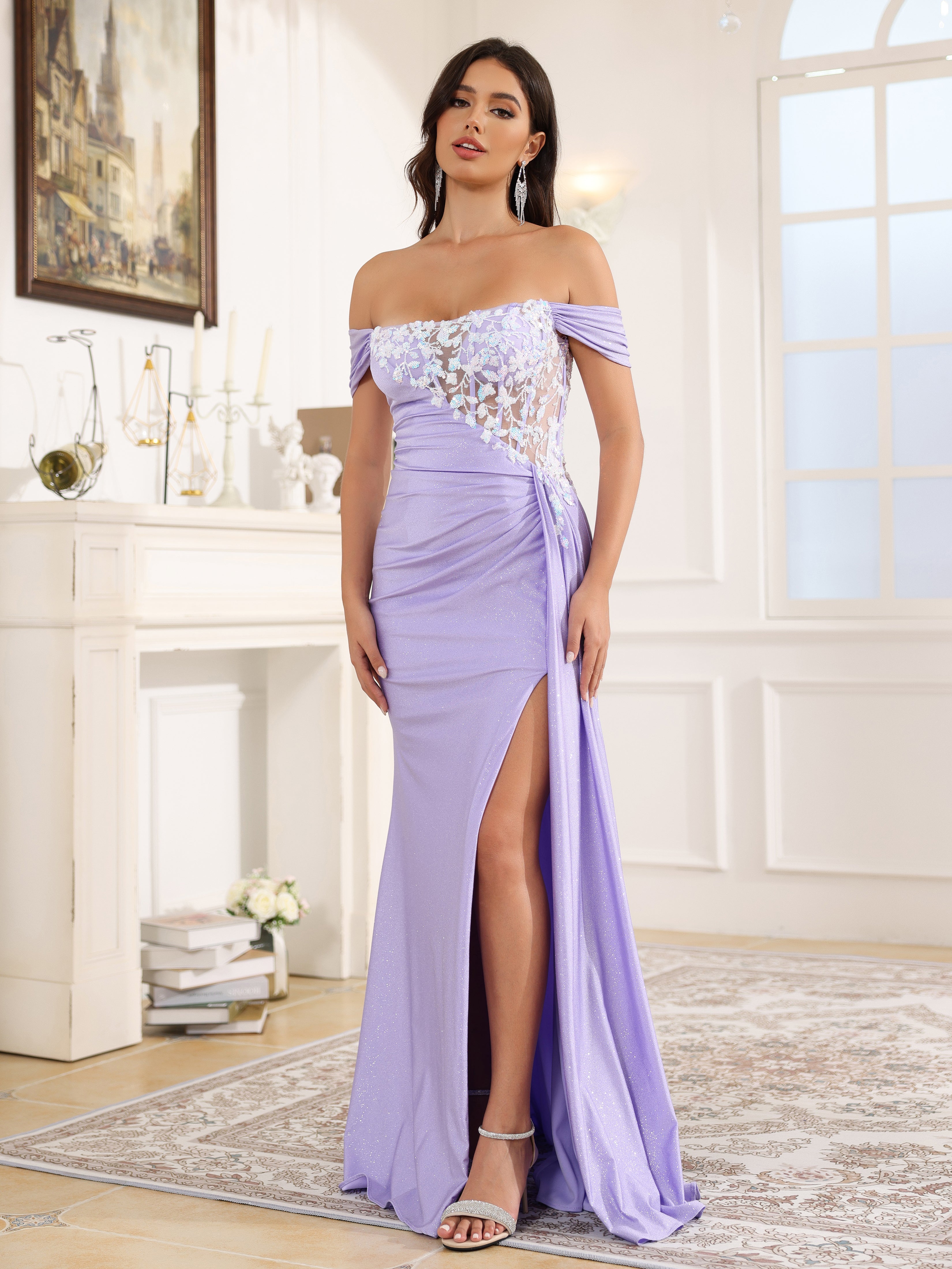 Off The Shoulder Pleated Long Prom Dresses With Split