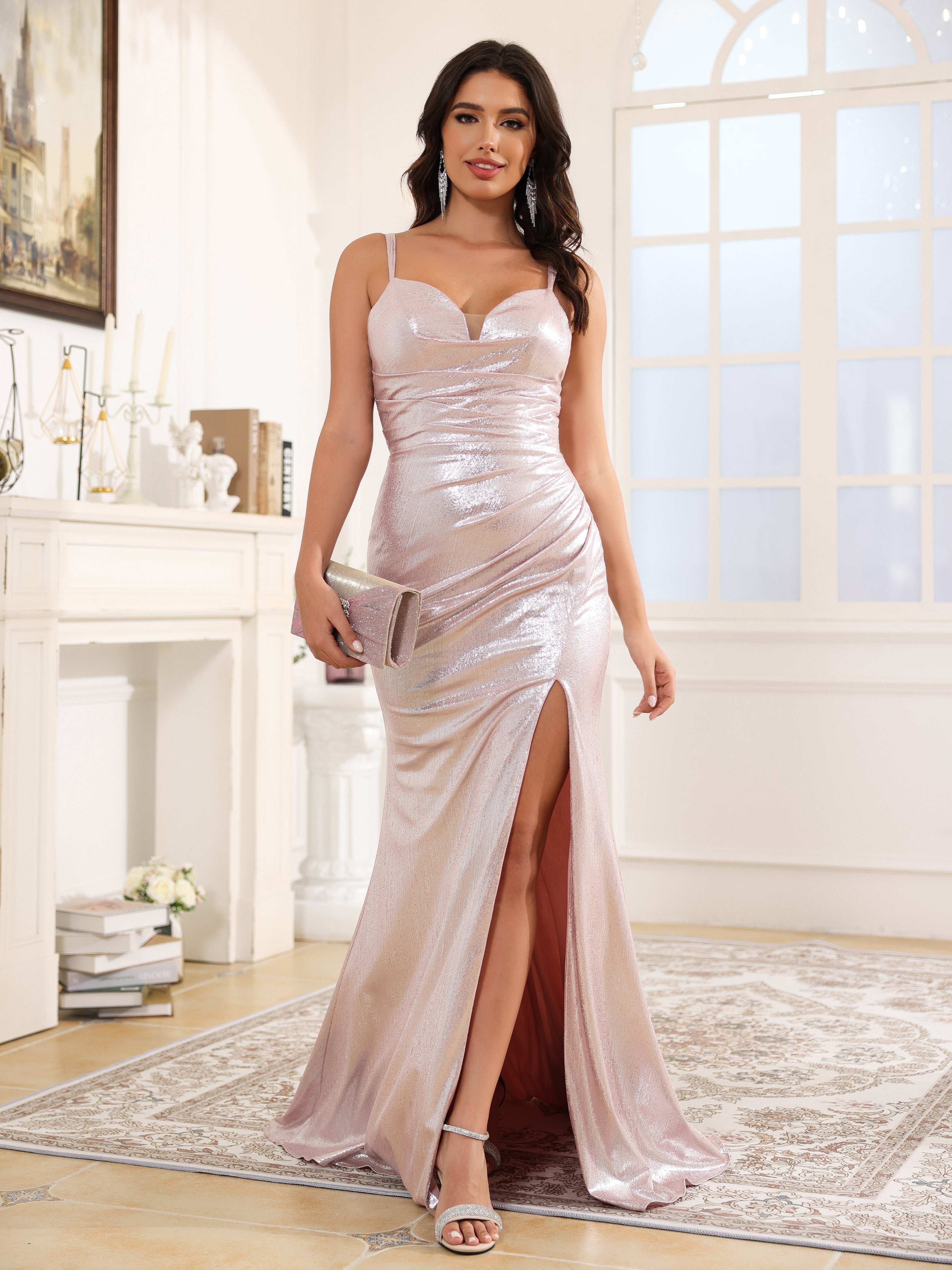 Sweetheart Spaghetti Straps Pleated Long Prom Dresses With Split