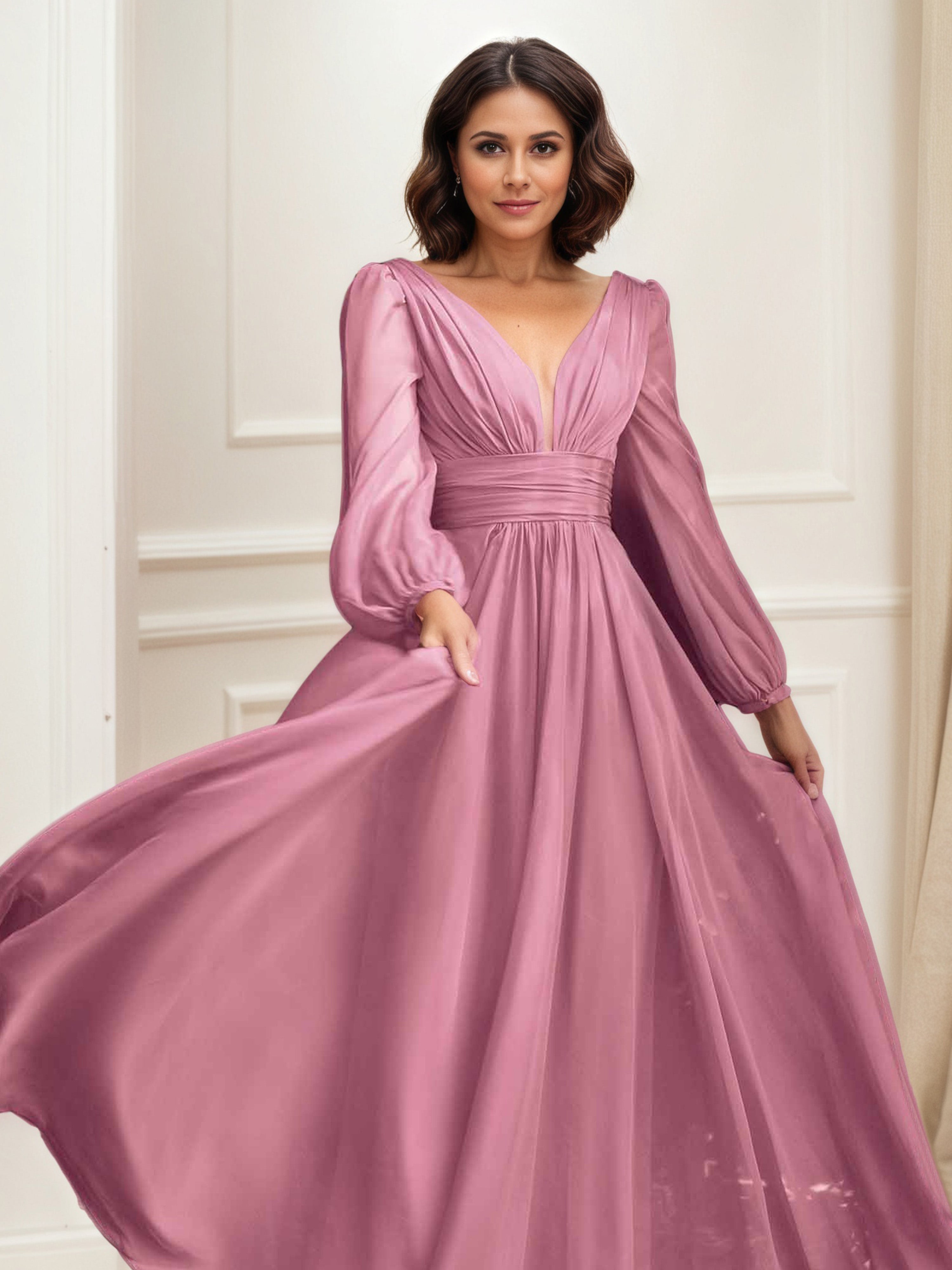 Dark Mauve Prom Dress Formal Long Sleeve Chiffon Prom Dress Dark Mauve Prom Dress Formal Long Sleeve Chiffon Prom Dress