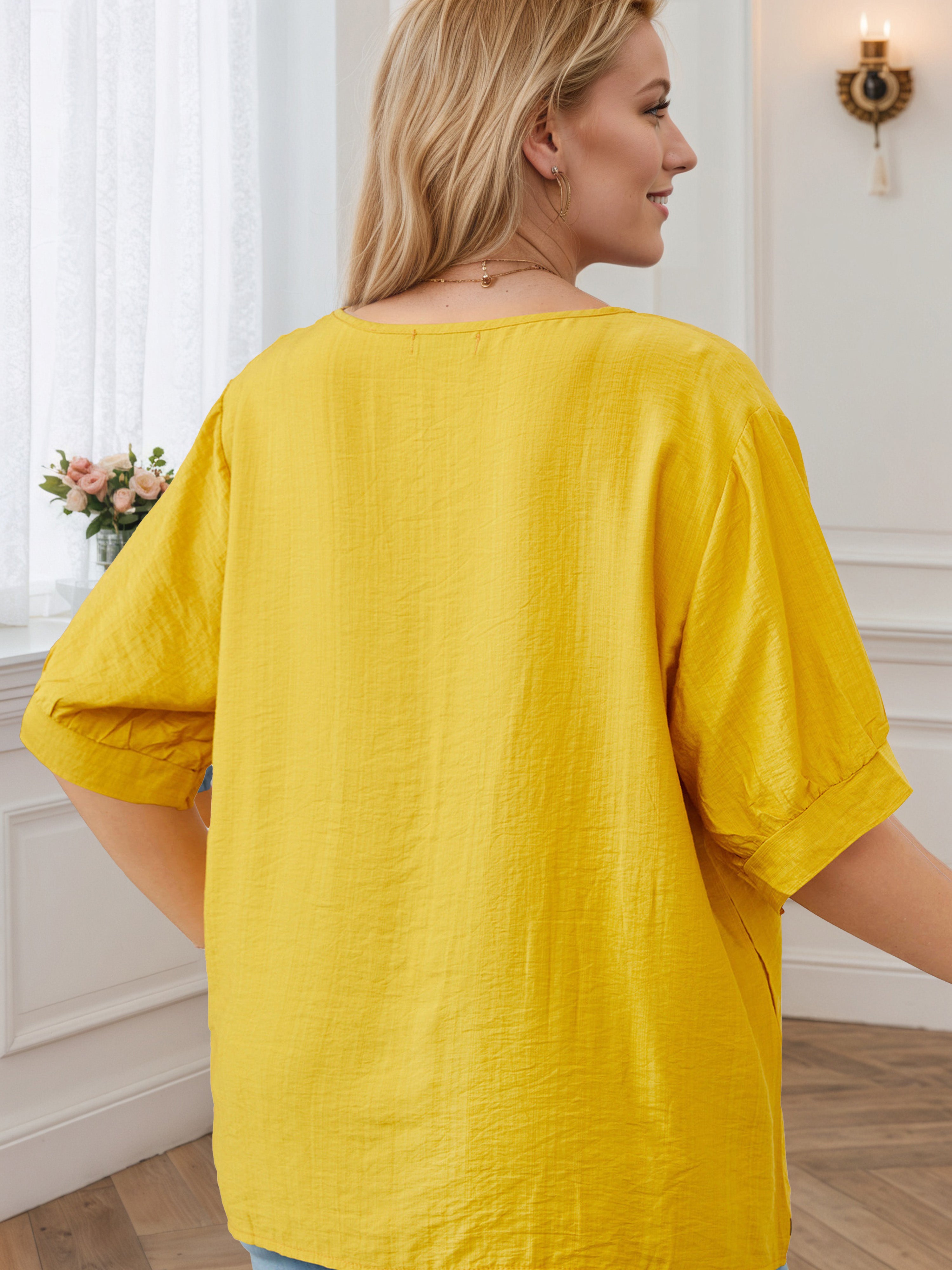 Plain Patchwork Plus Yellow Round Neck Blouse