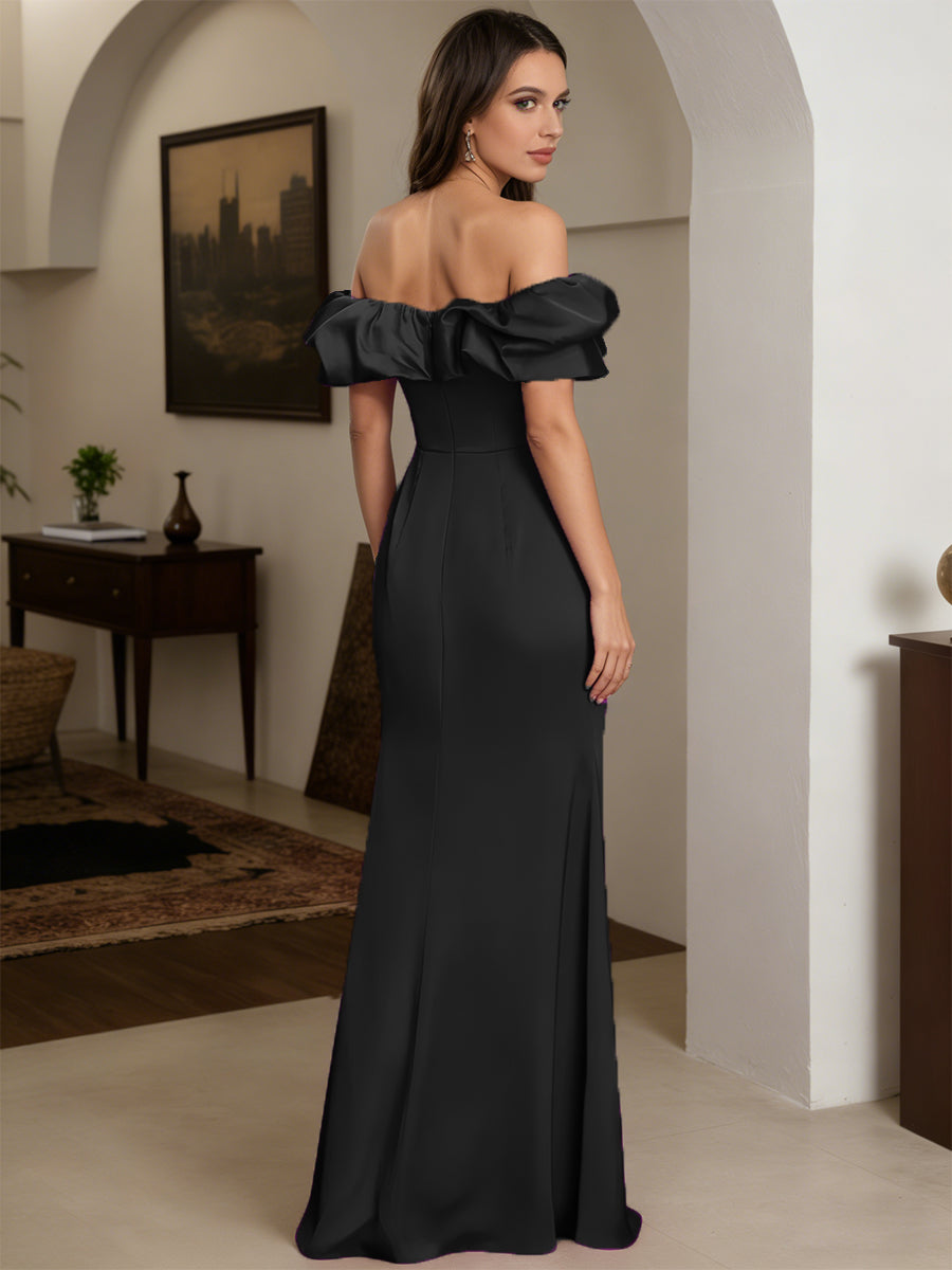 Cicinia Black Prom Dresses Stretch Satin Sheath Ruffle Neckline Off The Shoulder Floor Length