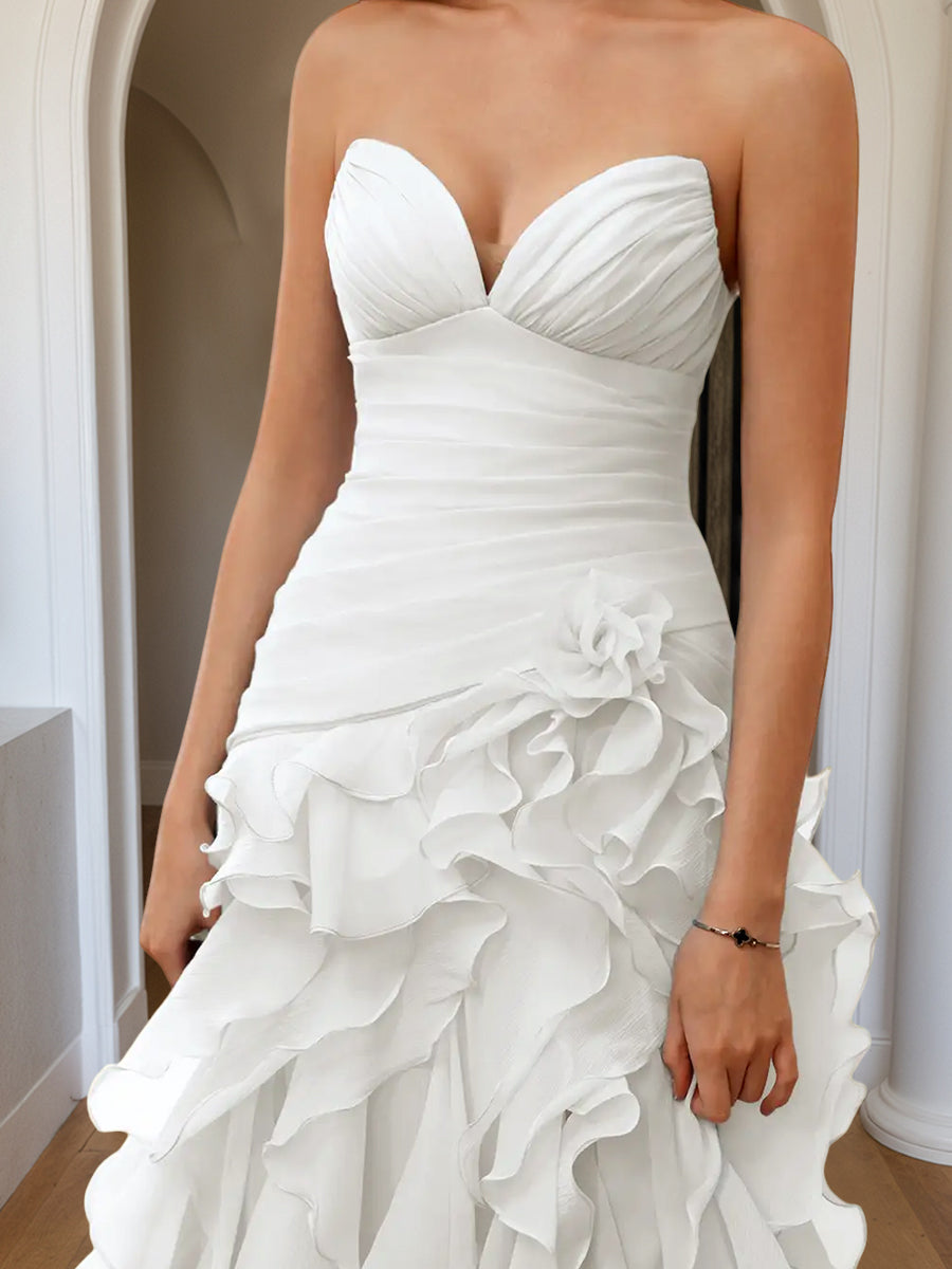 Cicinia White Prom Dresses Sheath Slit Strapless Sleeveless Layers Ruffles Side Gowns