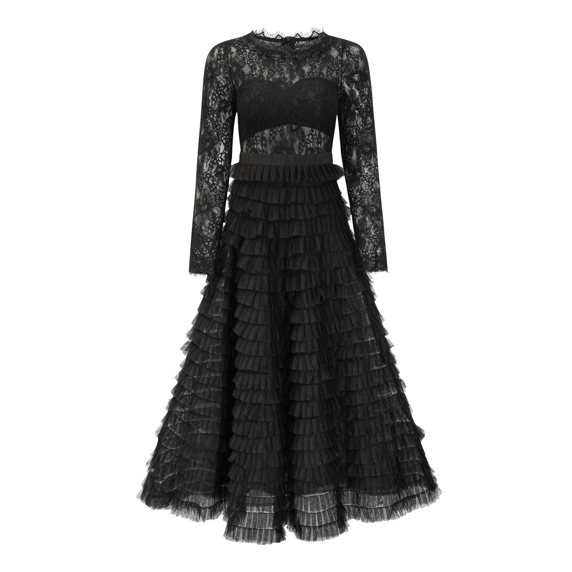 Illusion A Line Black Lace Top Long Sleeves Long Prom Dress