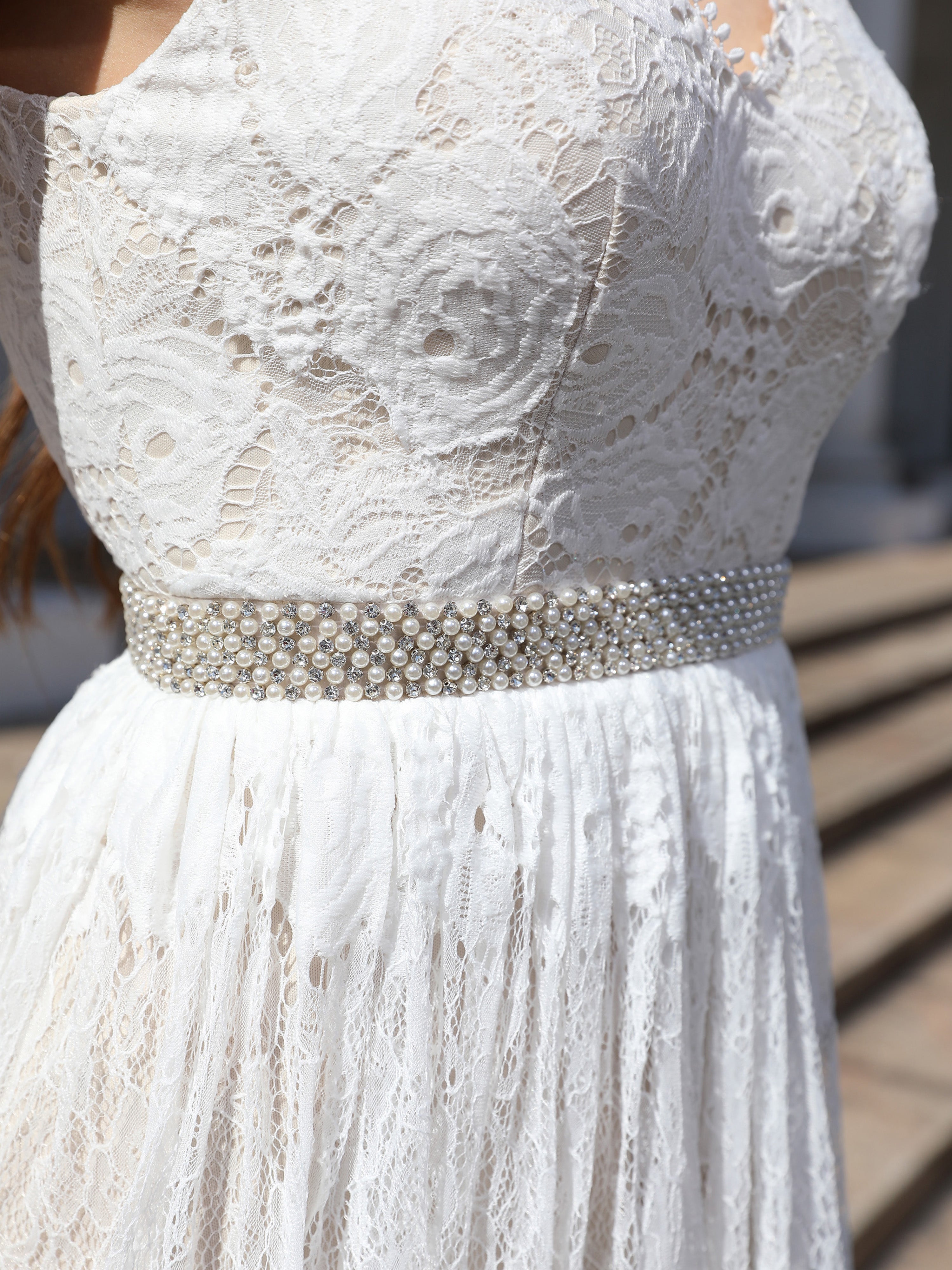 Floor Length A Line Lace Sleeveless V Neck Wedding Dress