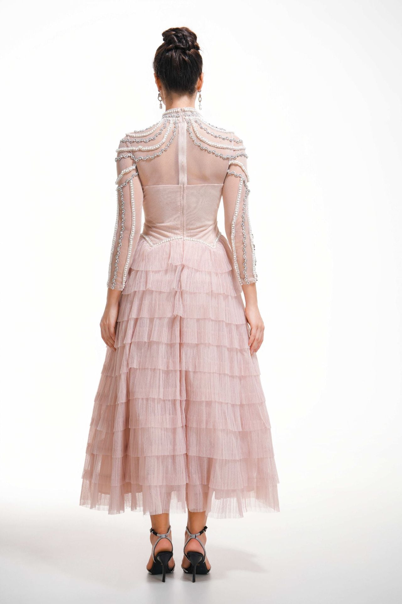 Luxurious A Line Evening Dress Beaded Pink Long Sleeves Prom Dress