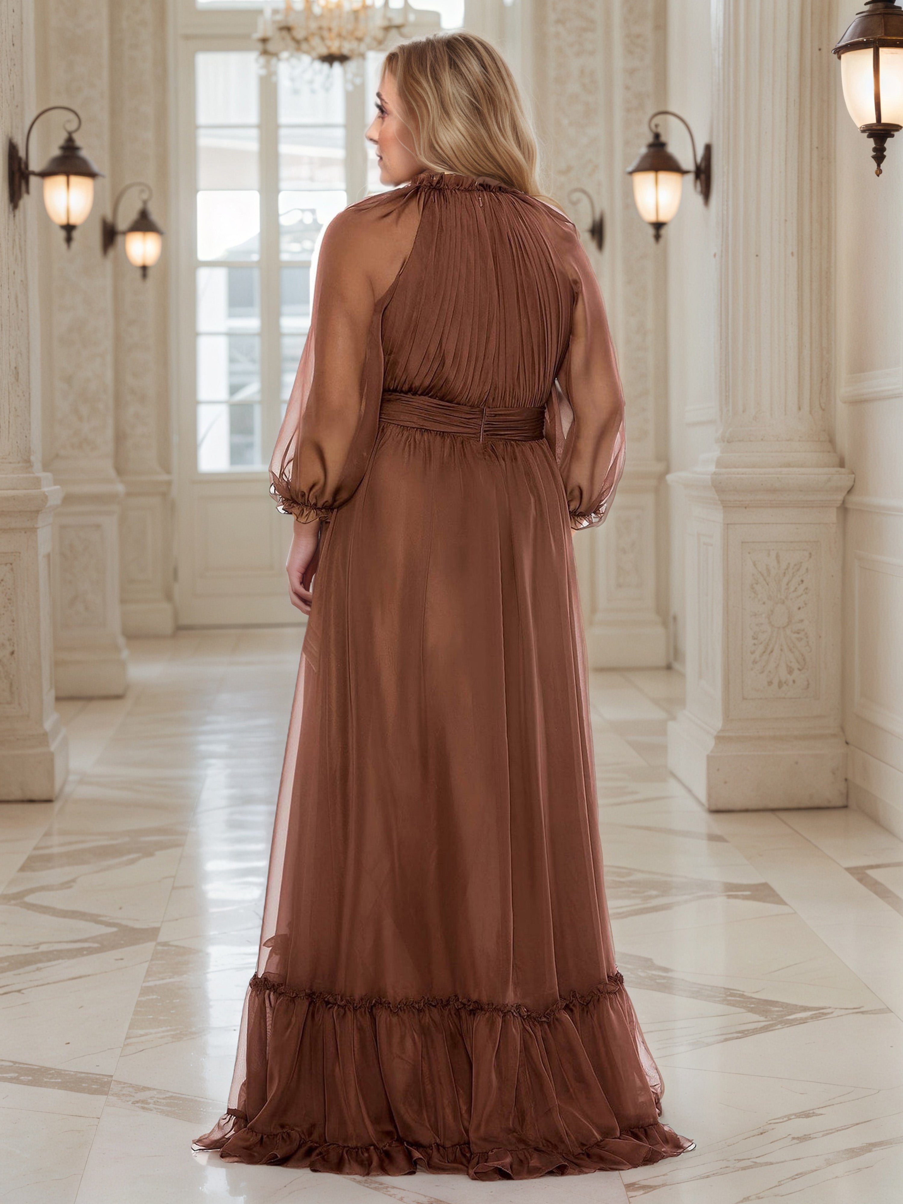 Illusion Long Sleeves Ruffle Jewel Brown Prom Dress Pleats A-Line Plus Size Dress
