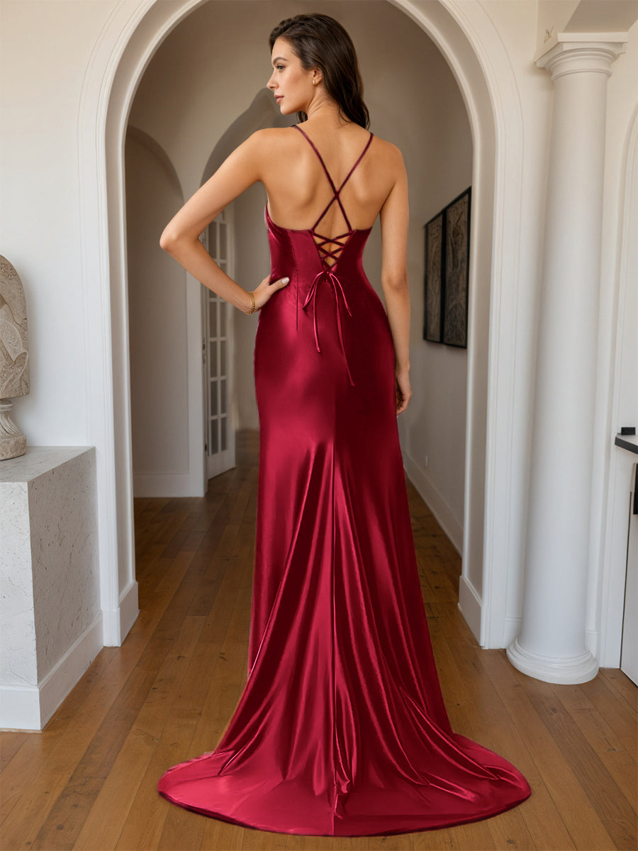 Cicinia Burgundy Prom Dresses Soft Satin Sheath Spaghetti Straps Backless Slit Long Gown