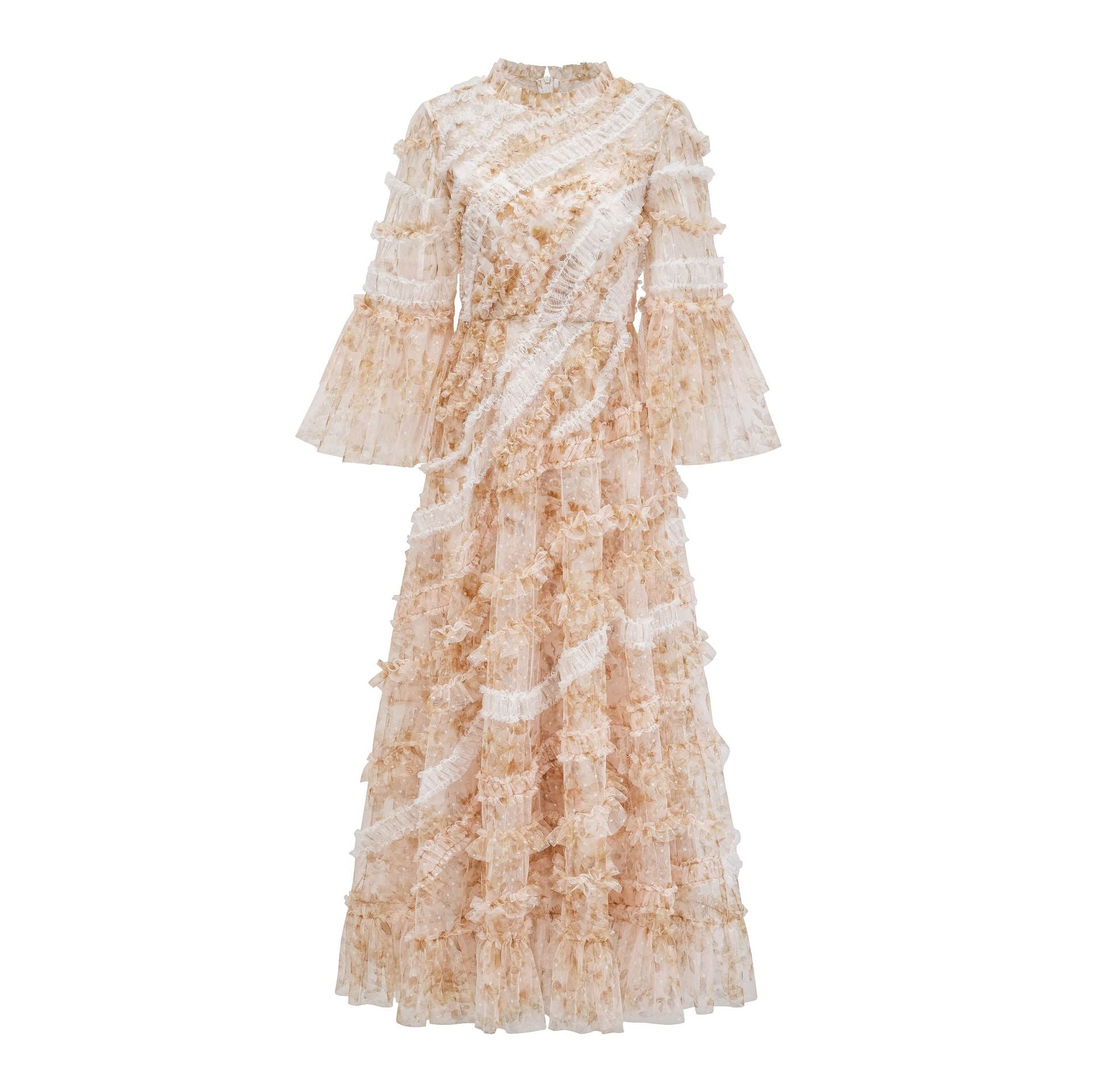 Ruffles Round Neck A Line 3/4 Length Sleeves Apricot Evening Prom Dress
