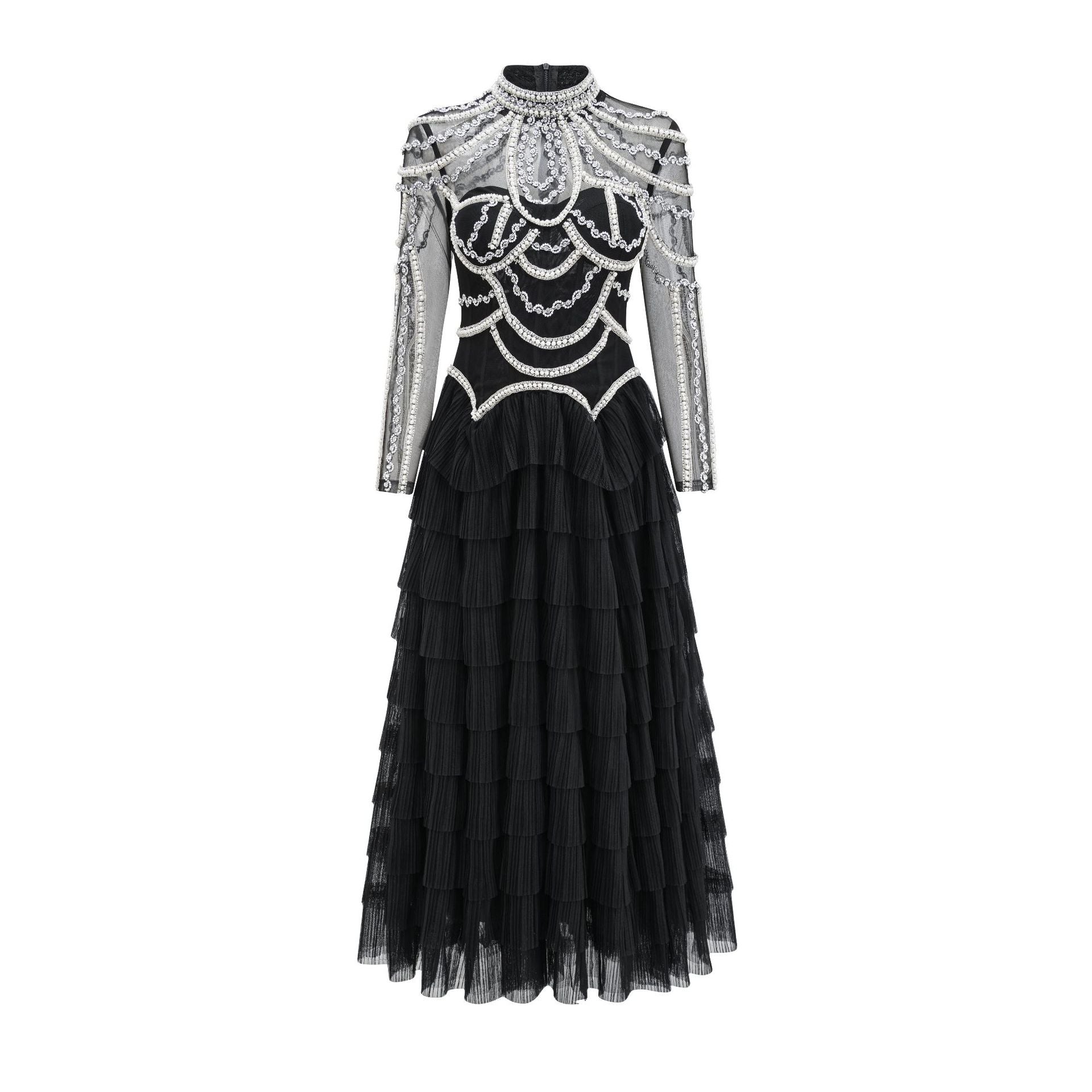 Luxurious A Line Black Evening Dress Beaded Long Sleeves Prom Dress