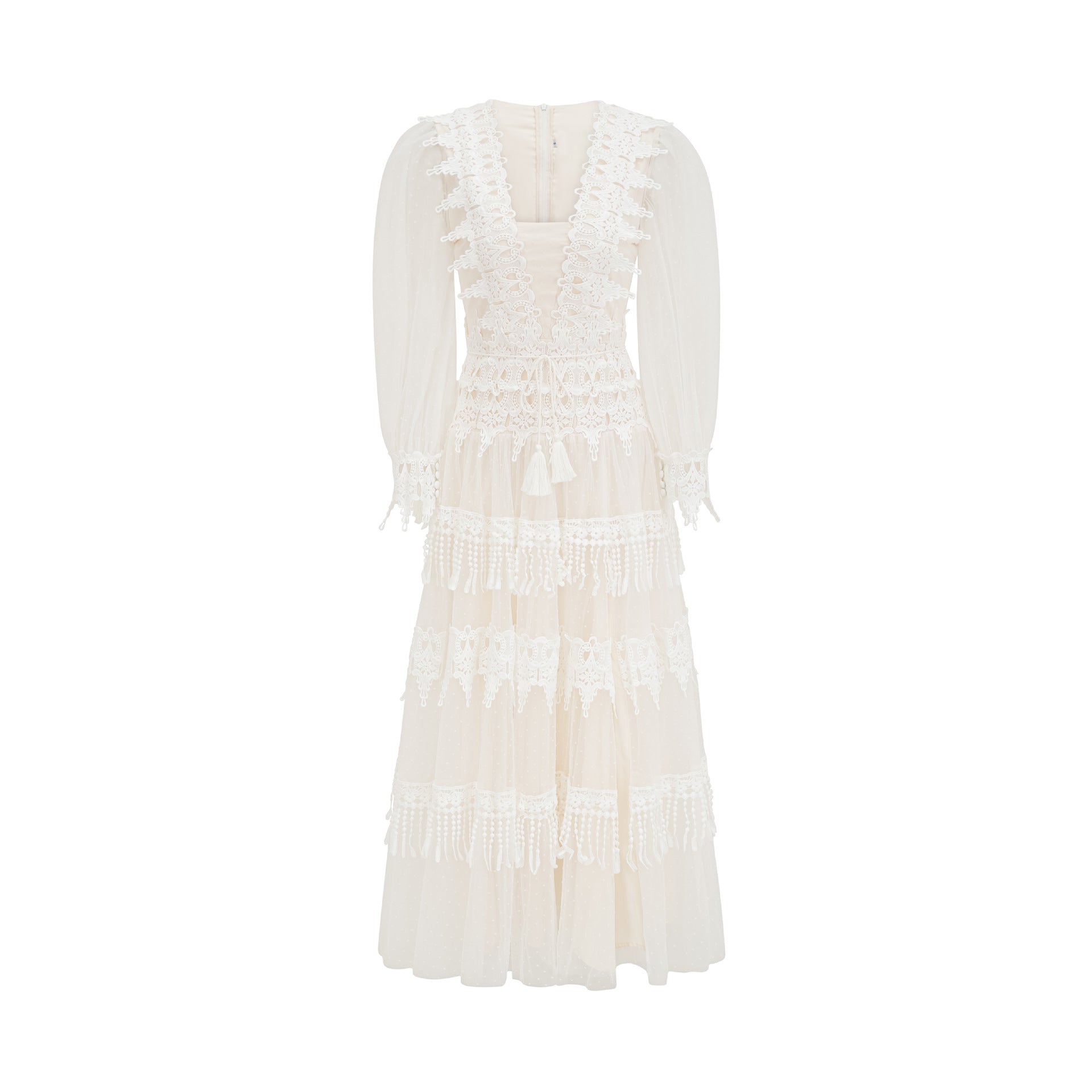 Charming V-Neck Polka Dot Tulle Lace Appliqued White Long Prom Dress with Split