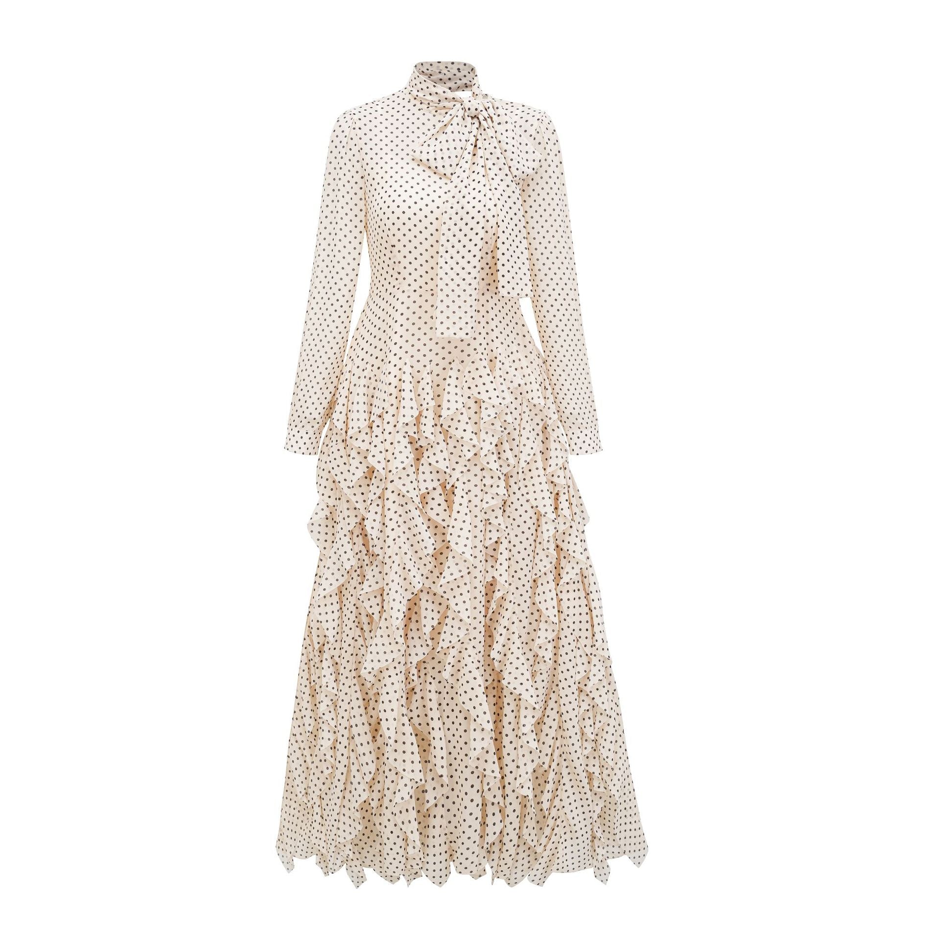 White Temperament Polka Dot Half High Neck Long Sleeve Prom Dress