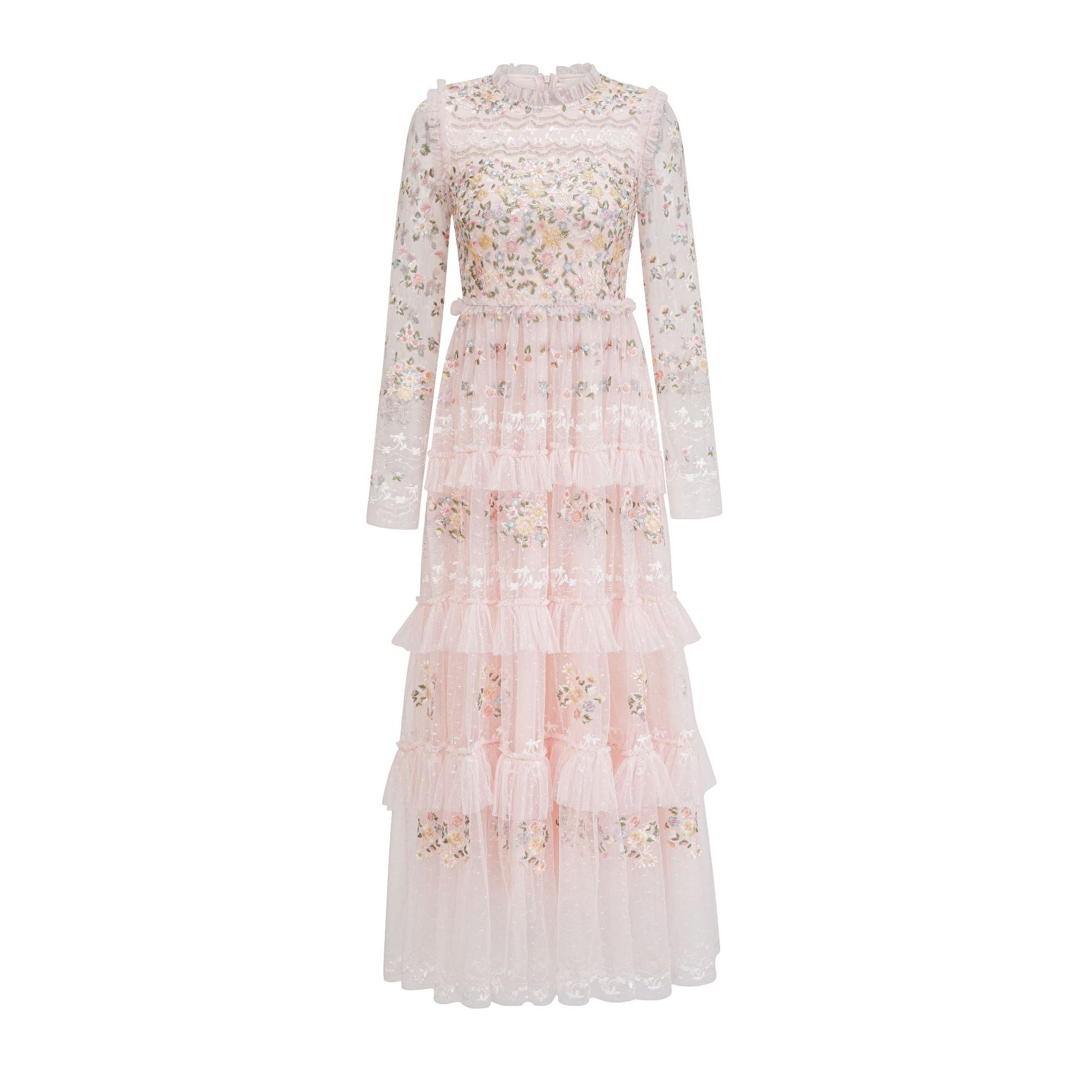 A Line Long Sleeve Floral Embroidered Tiered Prom Dress