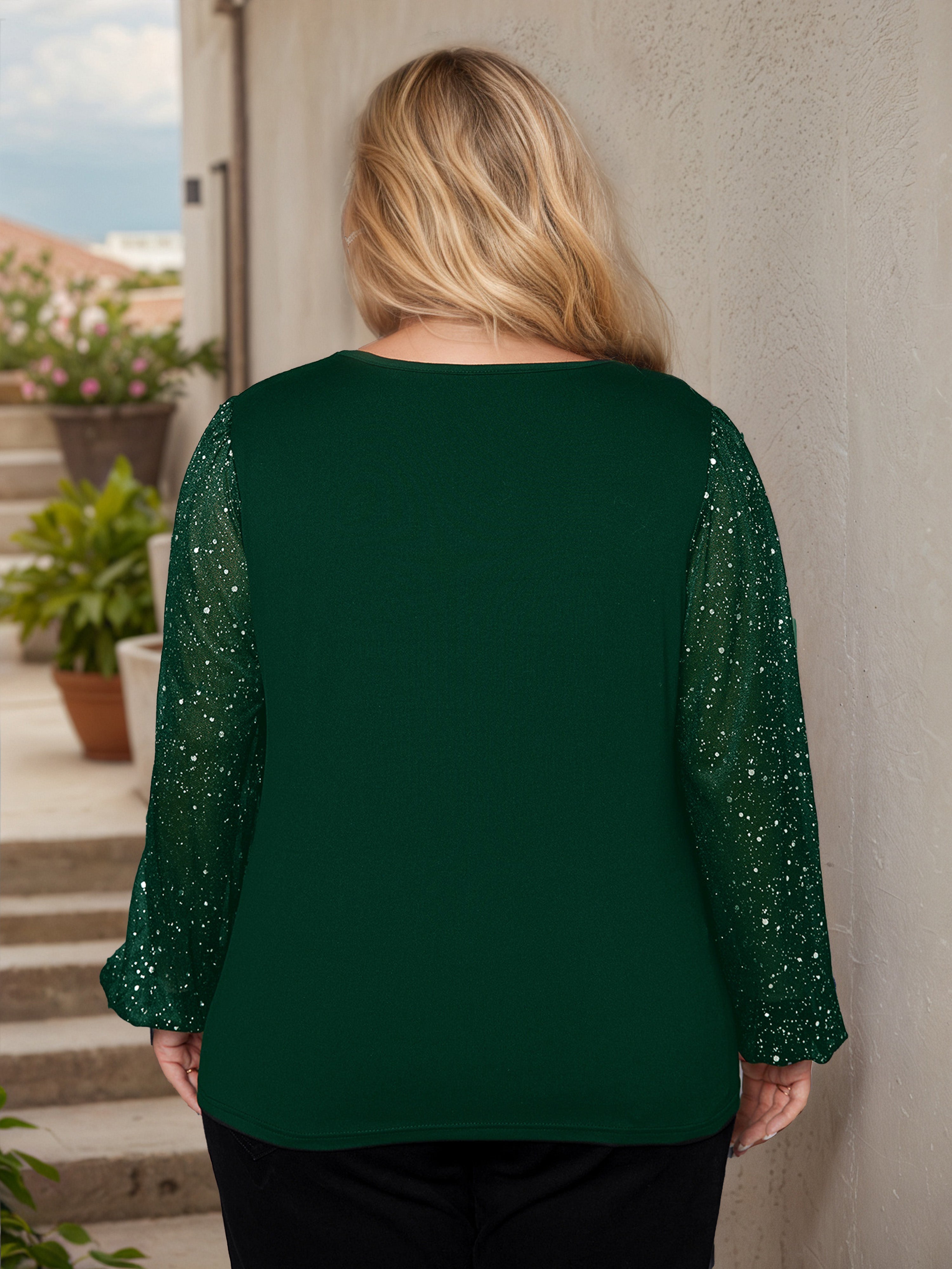 Illusion Sleeves Pleats Hem Long Sleeves Dark Green Plus Blouse