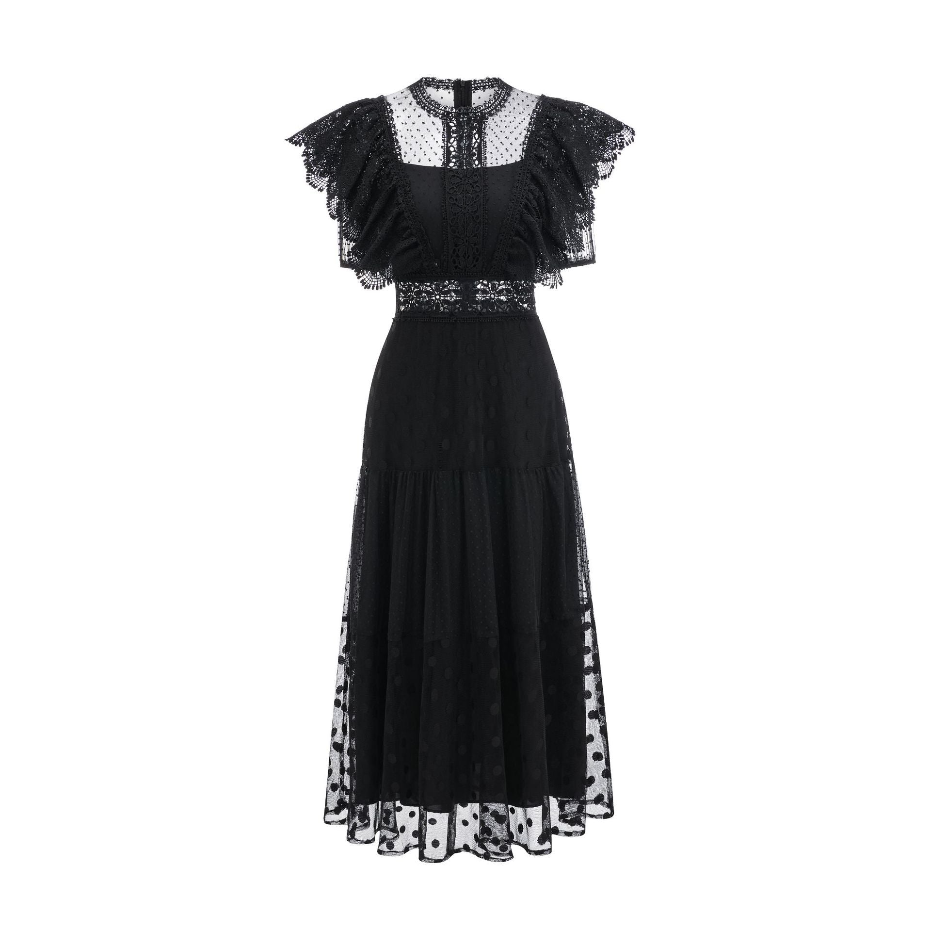 Black Round Neck Sleeves Waist Slimming Polka Dot Long Prom Dress