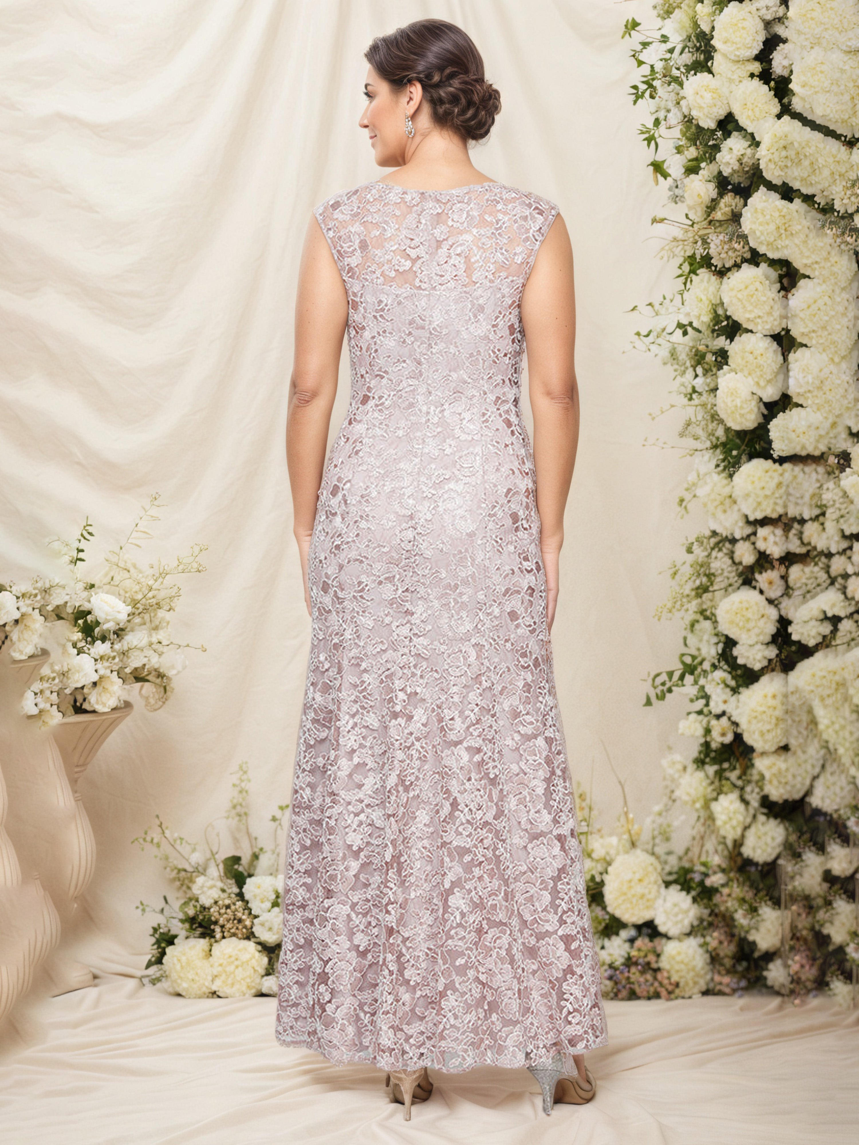 Pearl Pink Jewel Long Cap Sleeve Embroidered Fit and Flare Mother Of The Bride Dress With Shawl