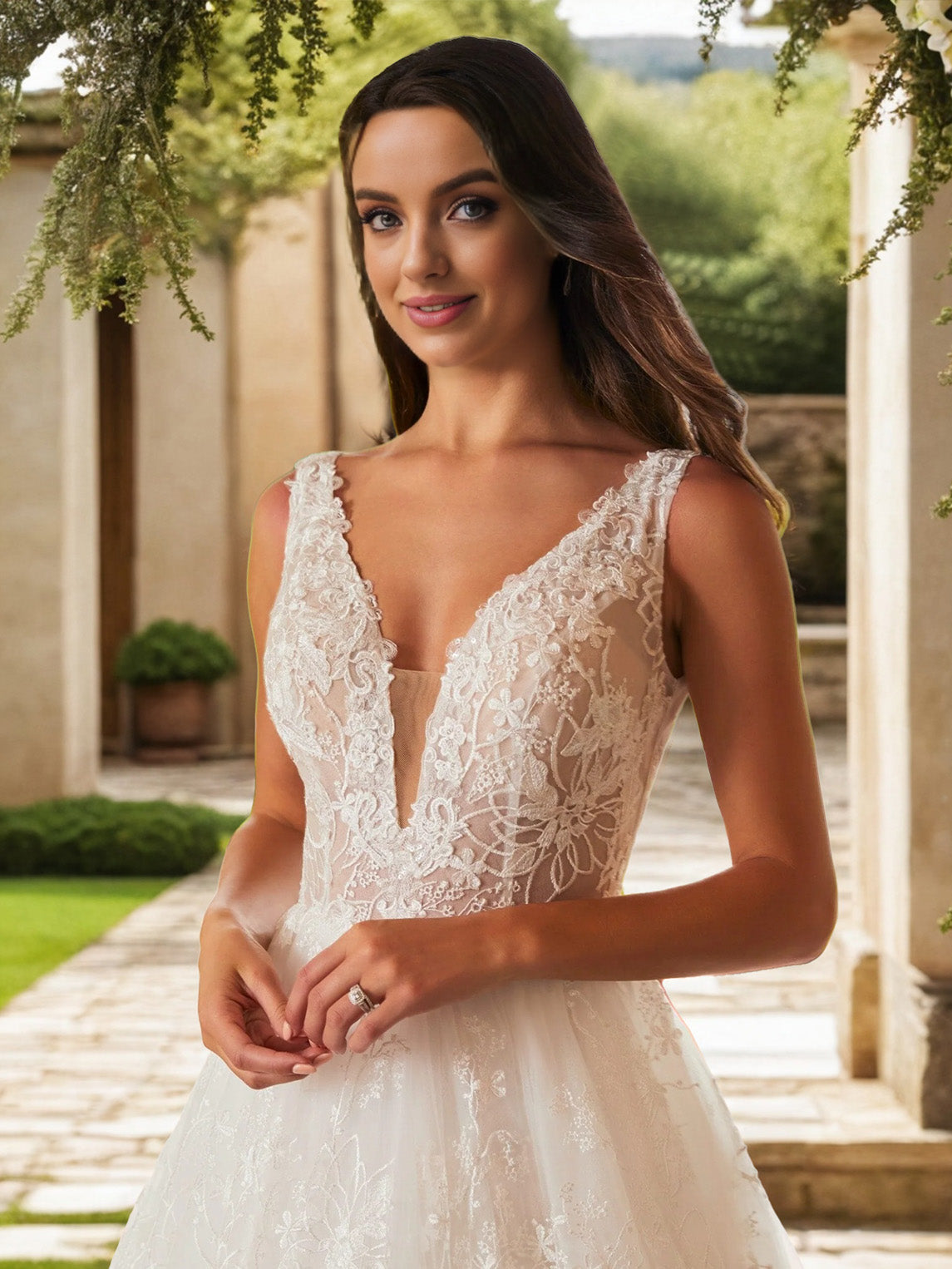 Sweep/Brush Train V-Neck Removable Long Sleeve Tulle Wedding Dress