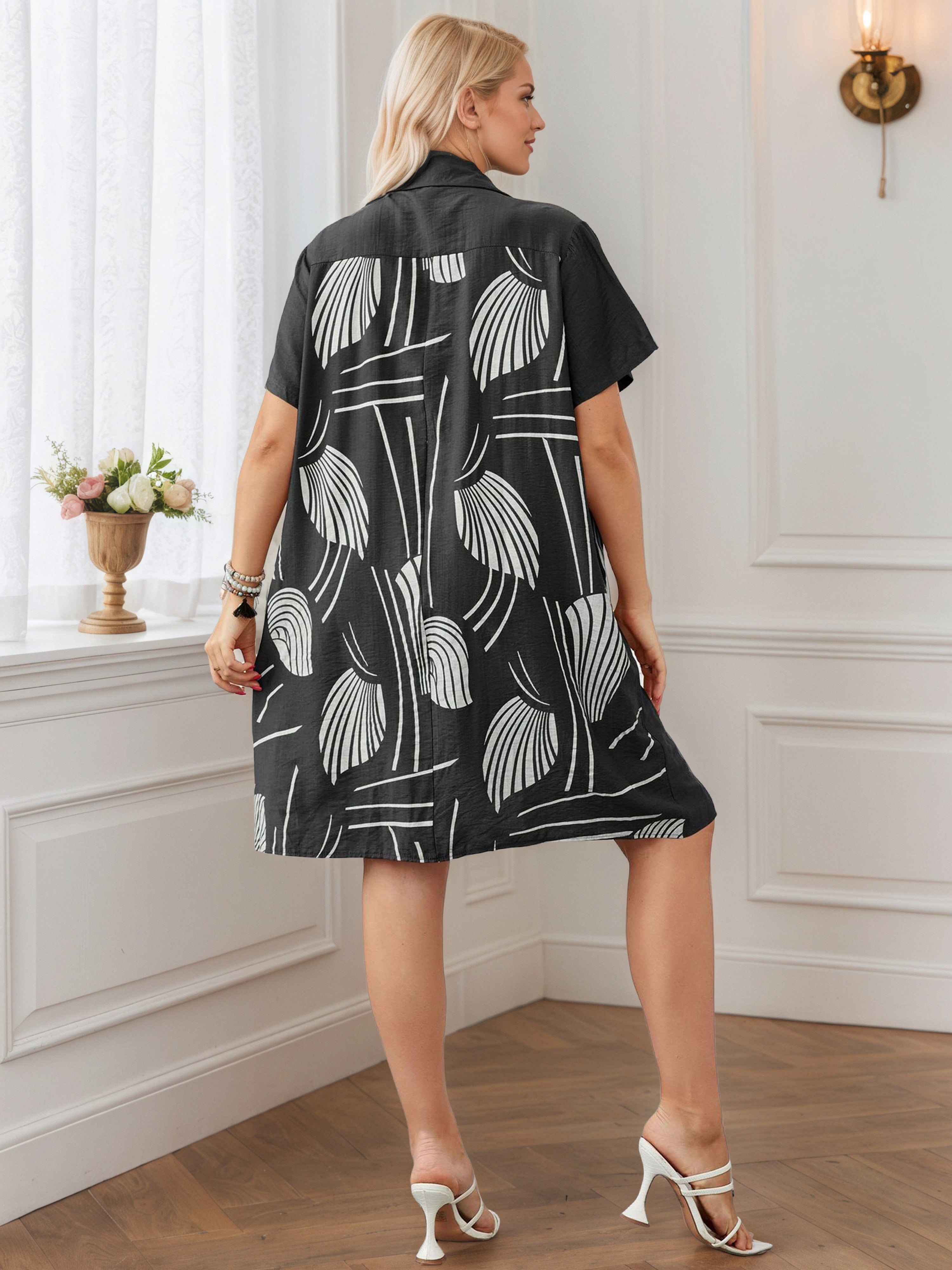 Graphic Printed Knee Length Black A-Line Plus Size Dress