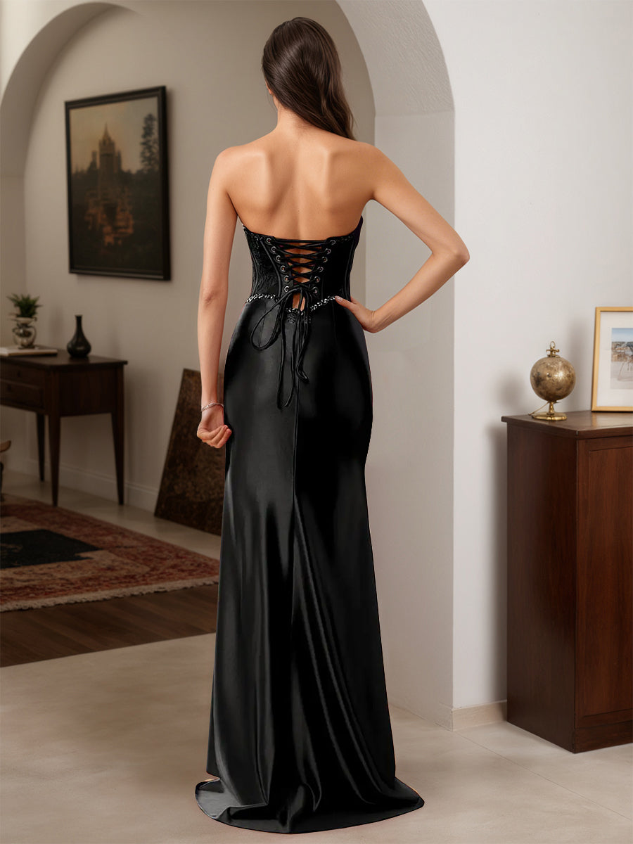Cicinia Black Prom Dresses Sheath Beading Sweetheart Strapless Slit Party Gown