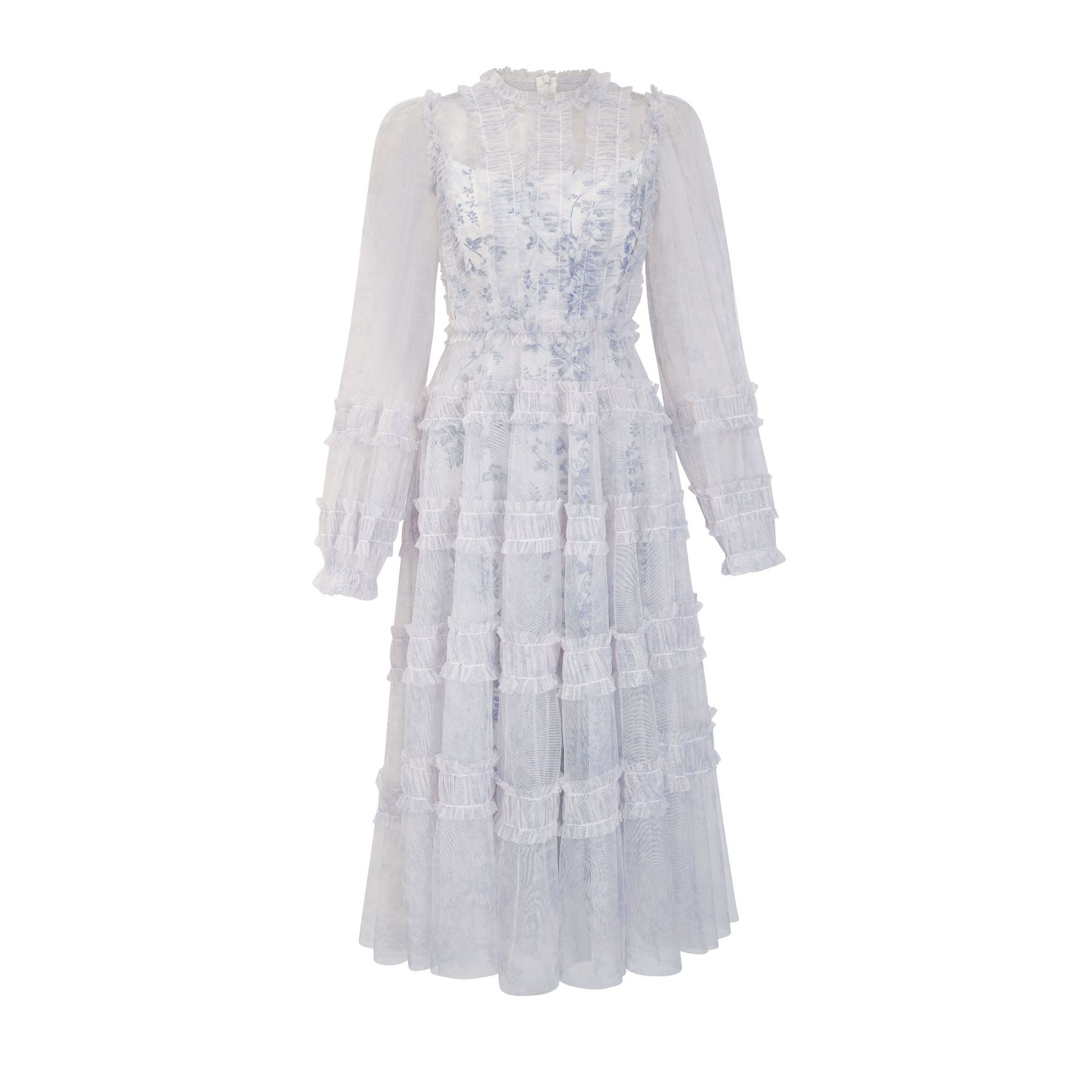 Elegant Long Sleeves Floral Round Neck Grey Ruffles Long Prom Dress