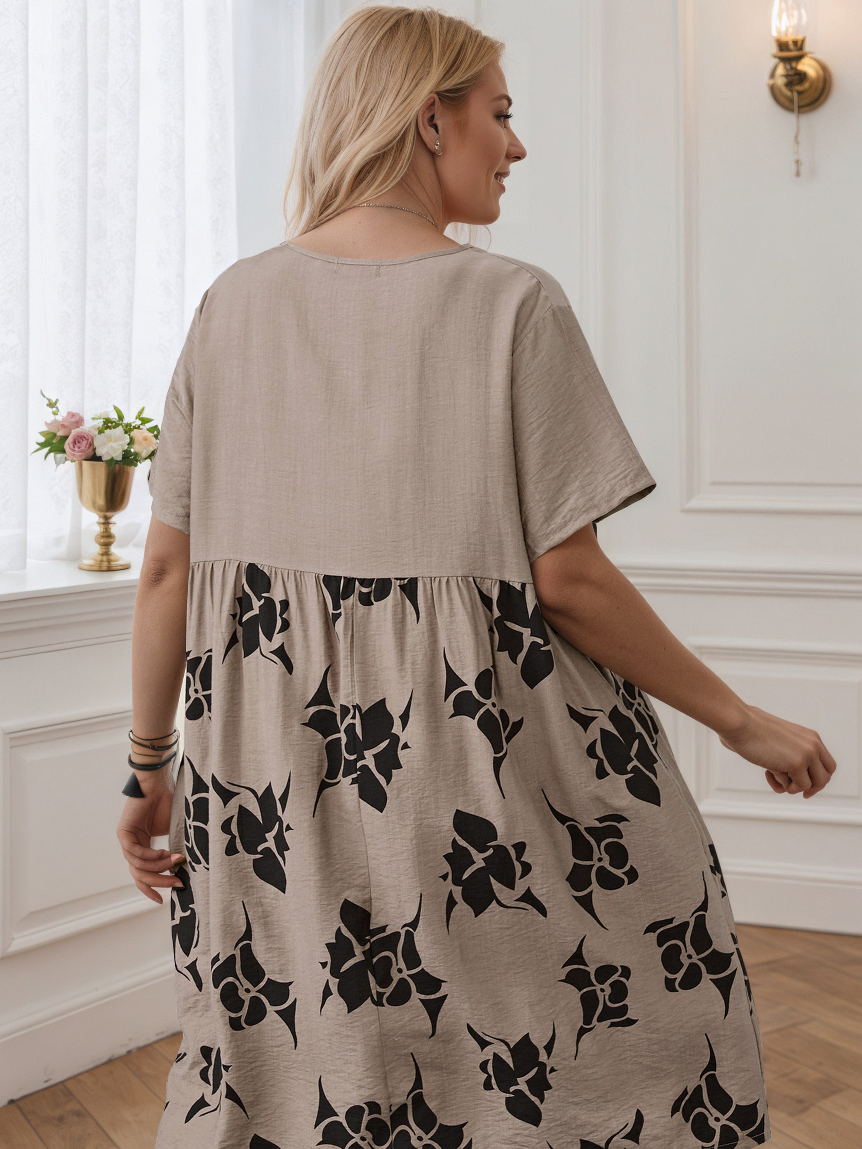 Floral Printed Knee Length Taupe Plus Dress