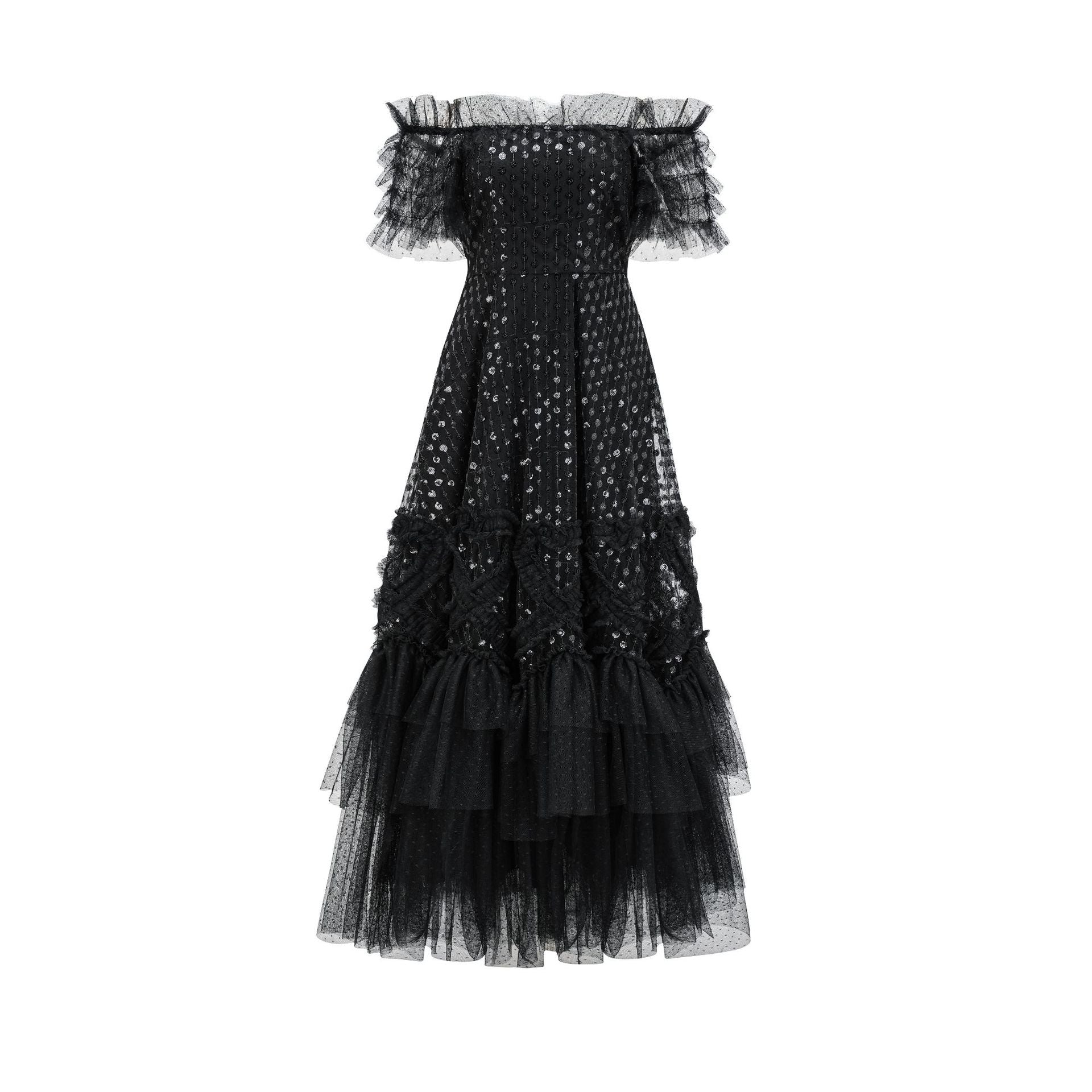 Off The Shoulder Ruffles Sequins Layers Black Long Prom Dress