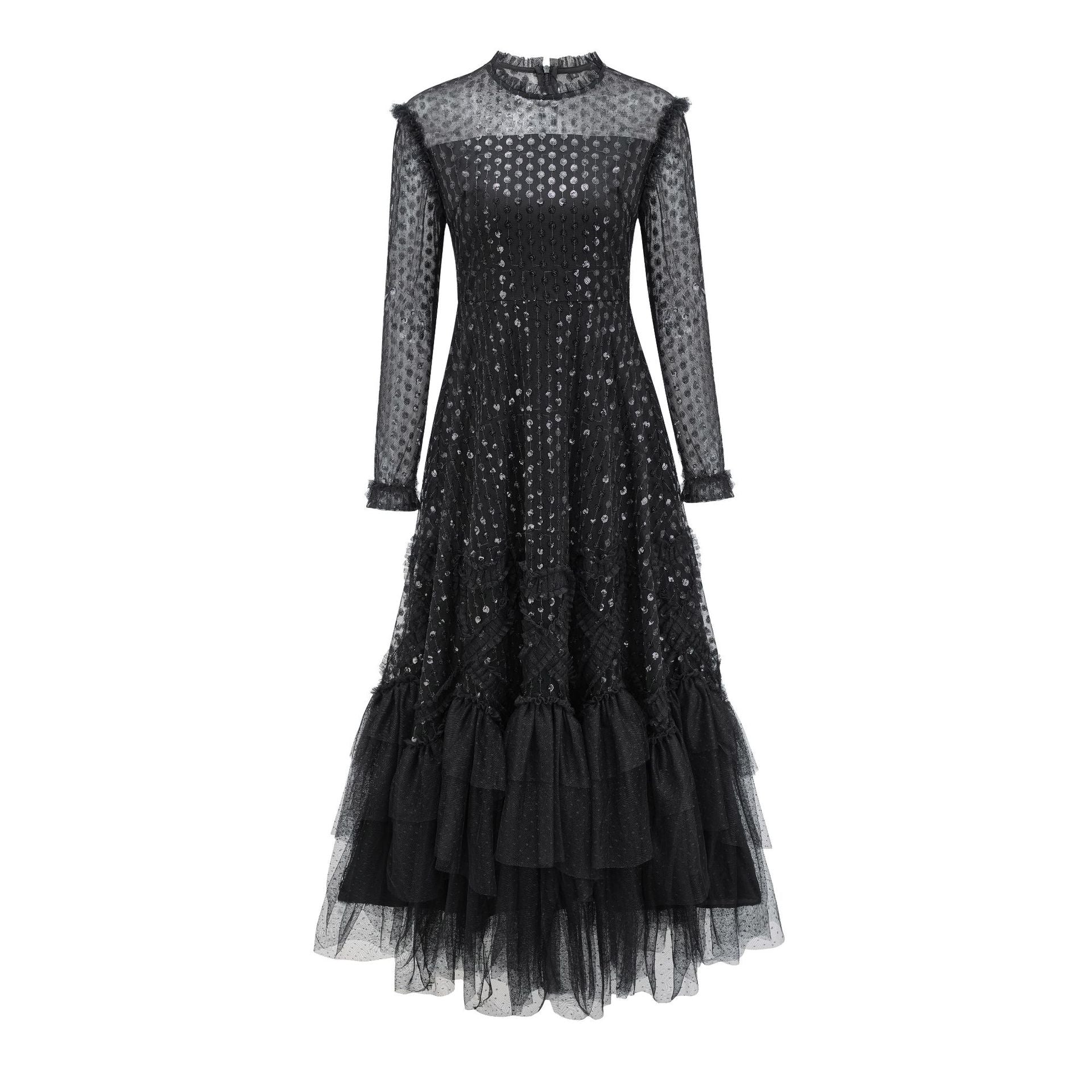 Sequins Long Sleeves A Line Round Neck Black Prom Dress