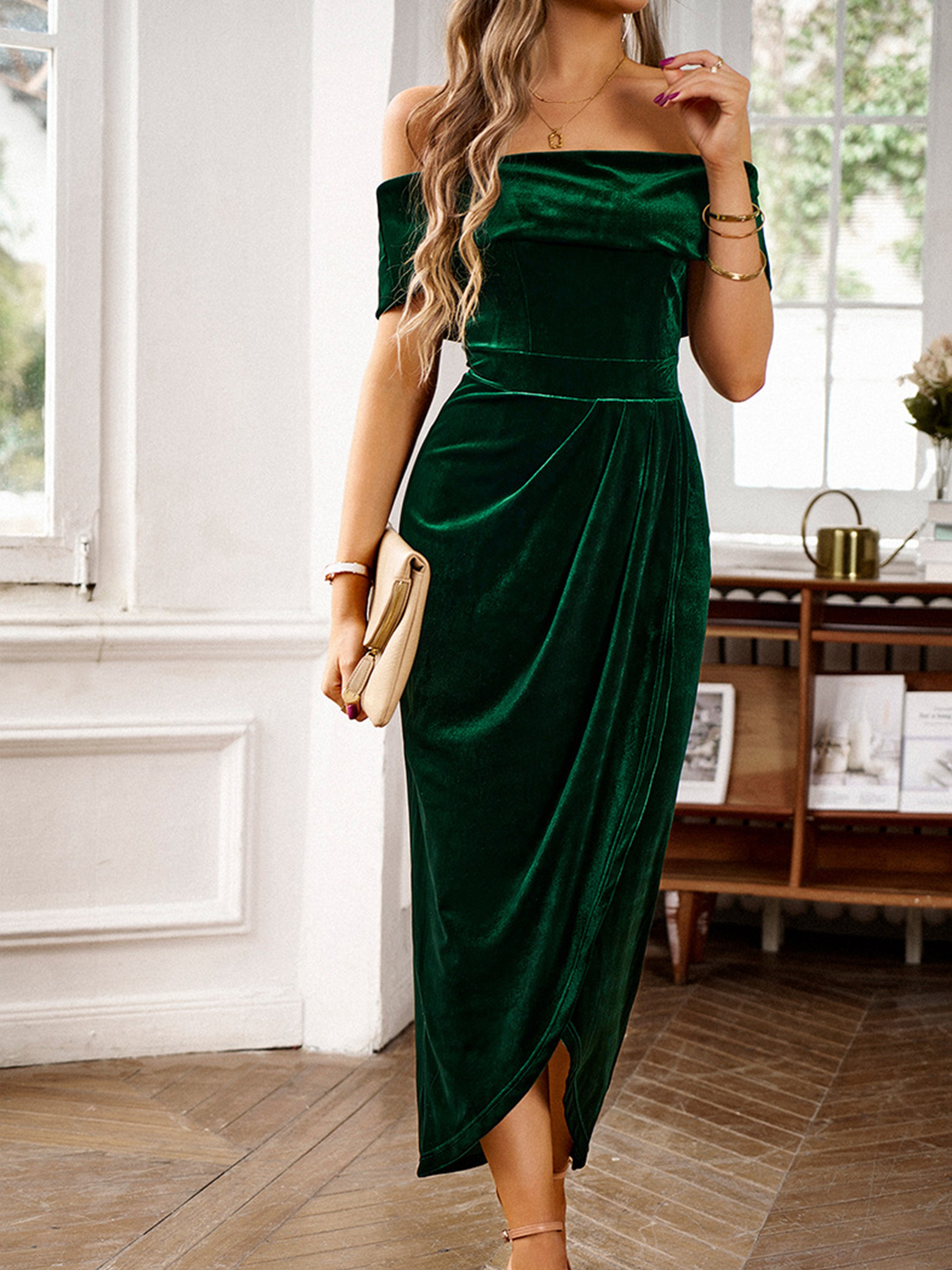 Off The Shoulder Strapless Velvet Long Dark Green Wedding Guest Dress