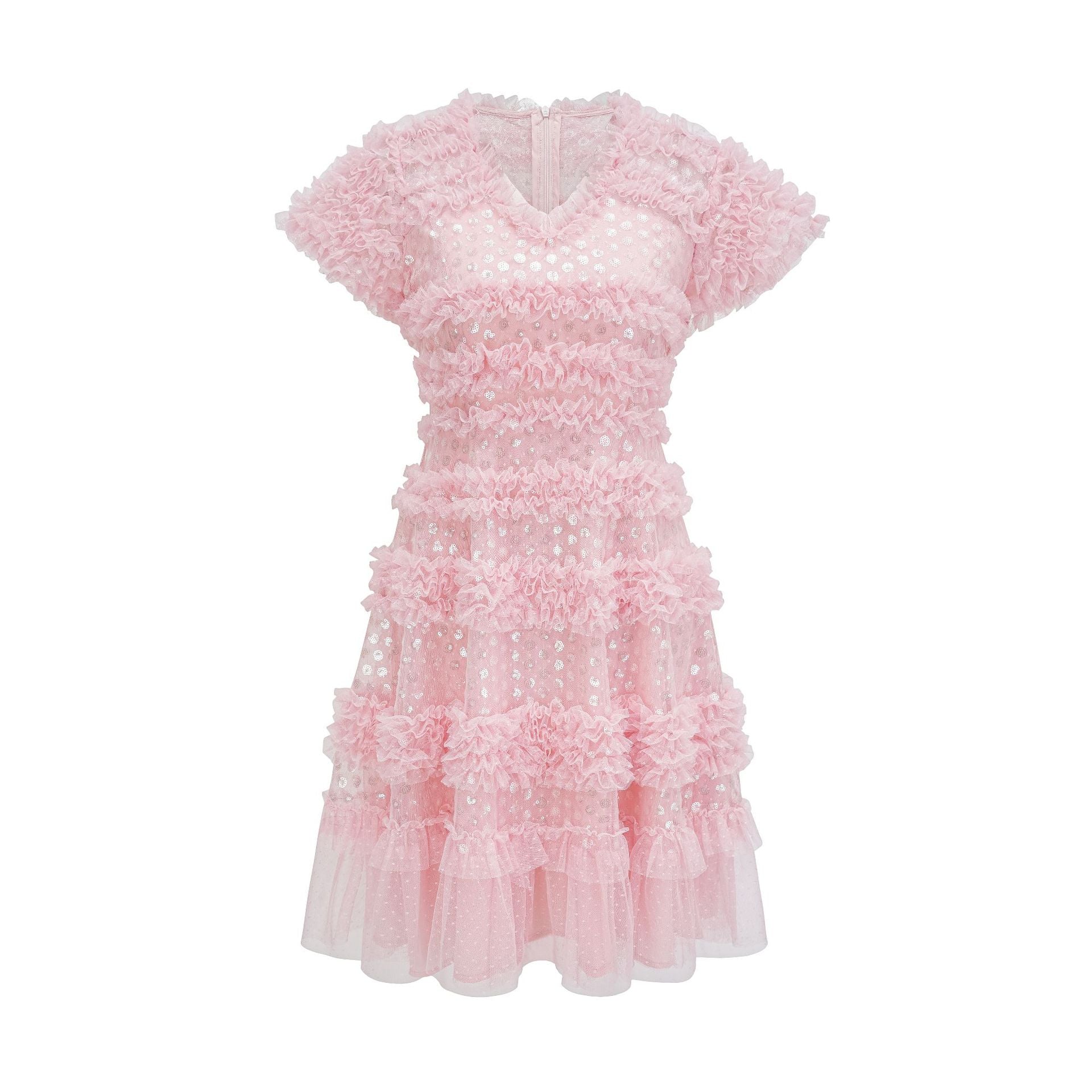 Cute Shiny Glitter V Neck Pink Short Sleeves Prom Dress