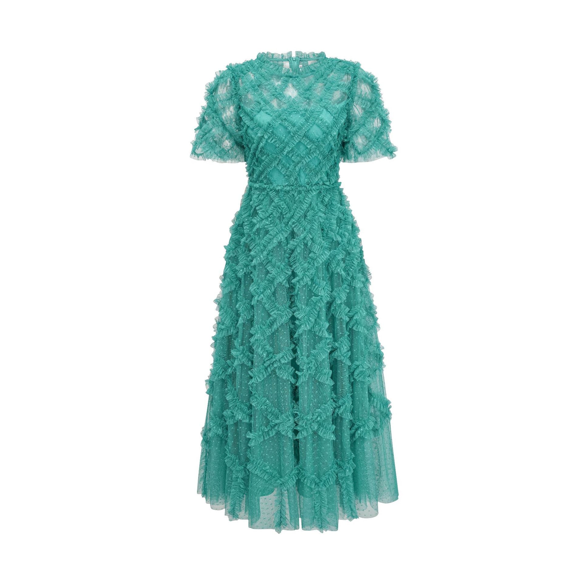 Peacock Round Neck Short Sleeve Polka Dot Tulle Maxi Prom Dress