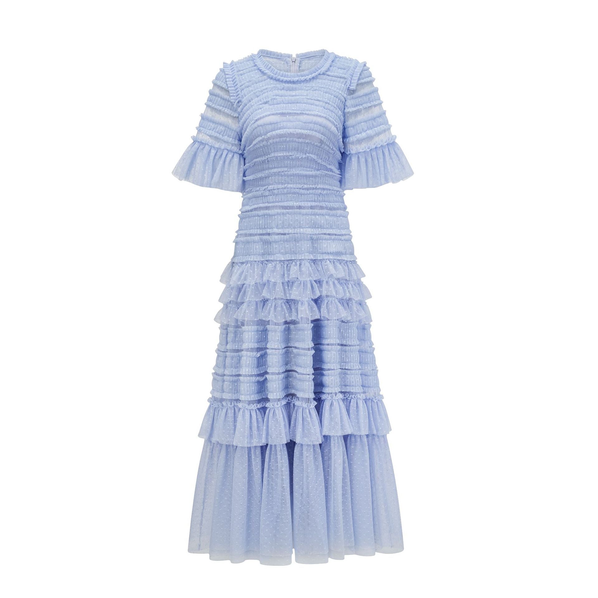 Elegant Half Sleeves Round Neck Layers Blue Ruffles Long Prom Dress