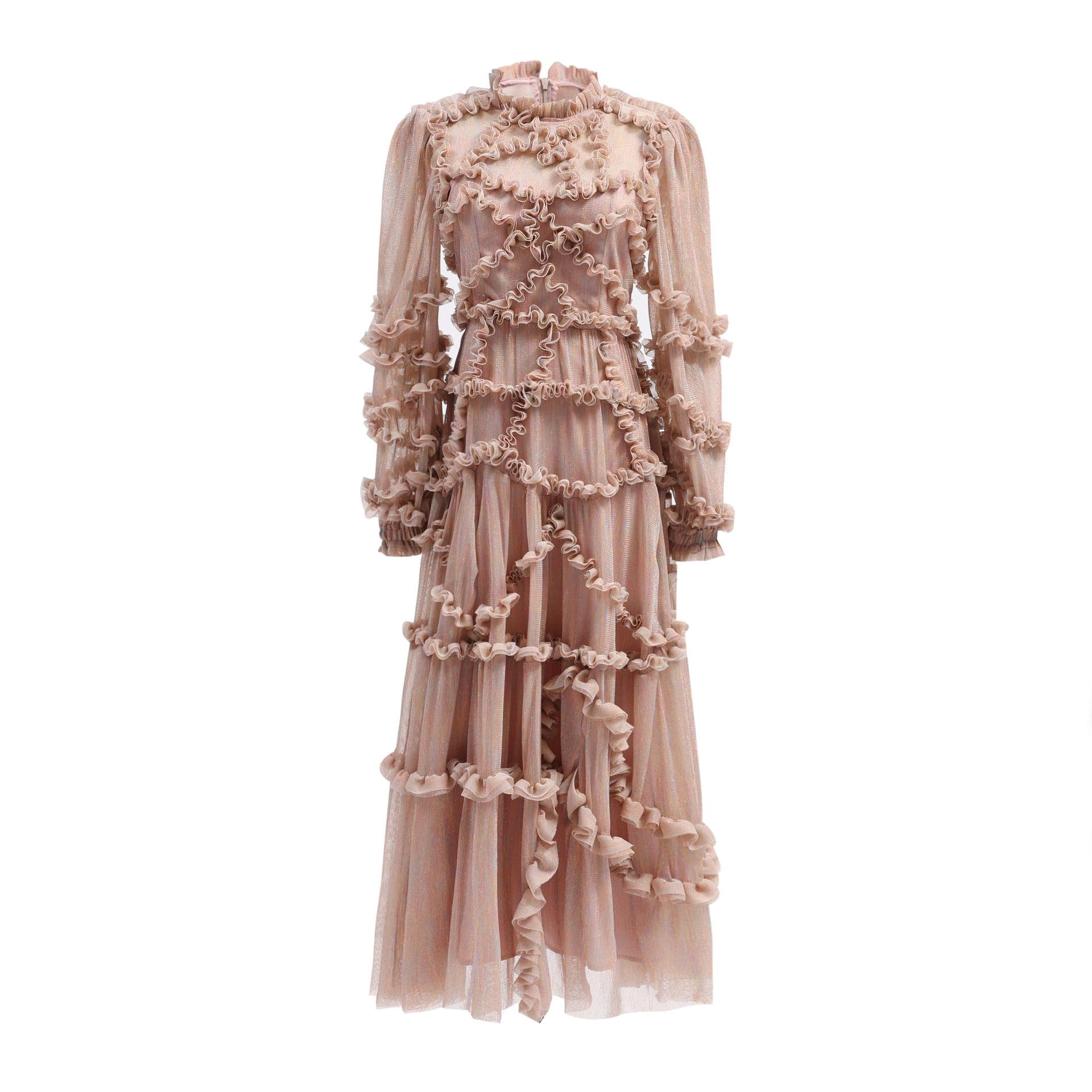 Shiny Amber Ruffle Long Sleeves Maxi Prom Dress